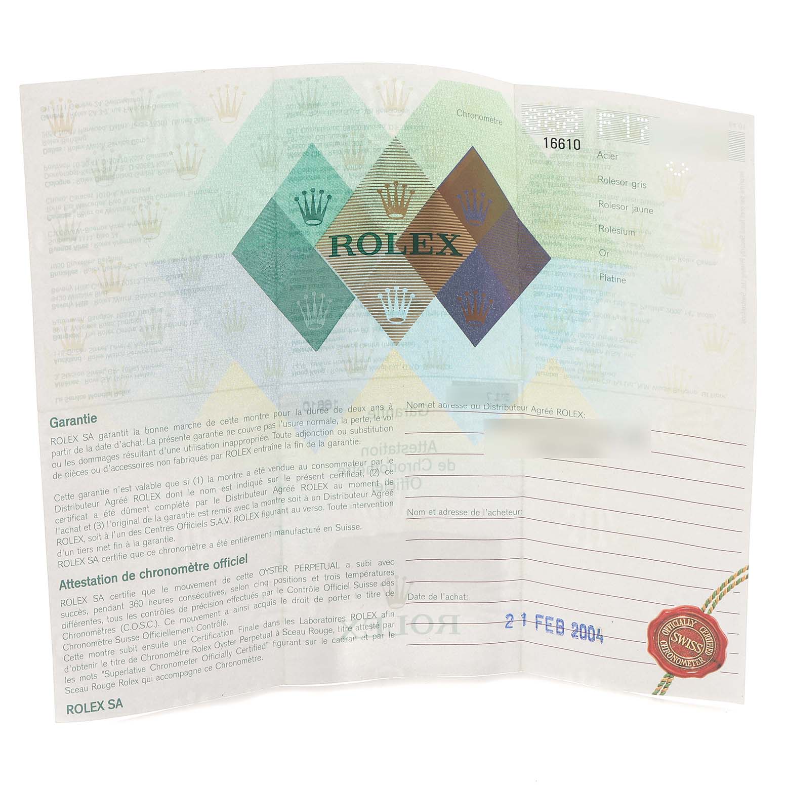 The image shows the warranty certificate for a Rolex Submariner 16610 Men
s Stainless Steel Black Dial model.