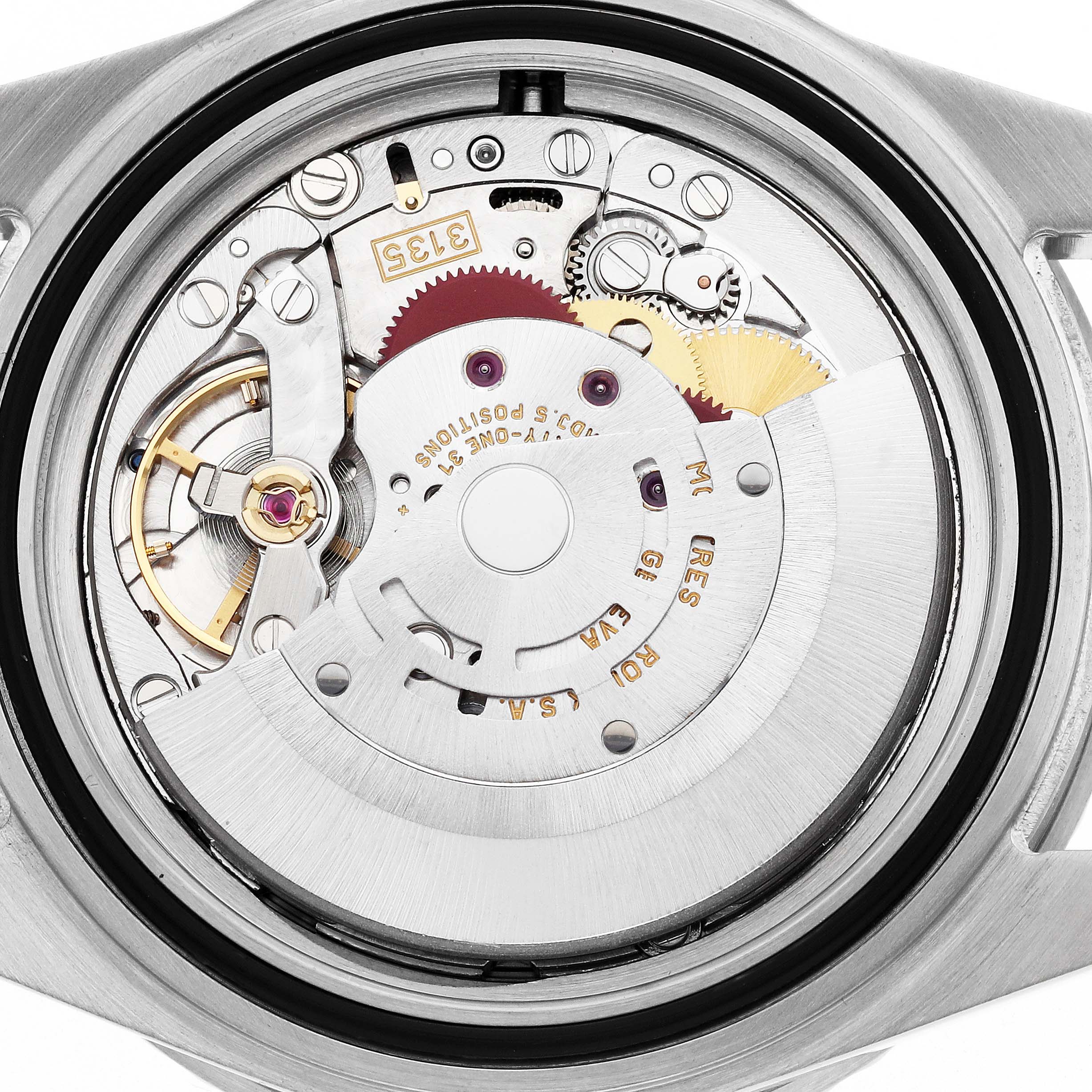 The image shows the movement of a Rolex Submariner 16610 Men
s Stainless Steel Black Dial watch from a rear angle, highlighting its inner mechanical components.