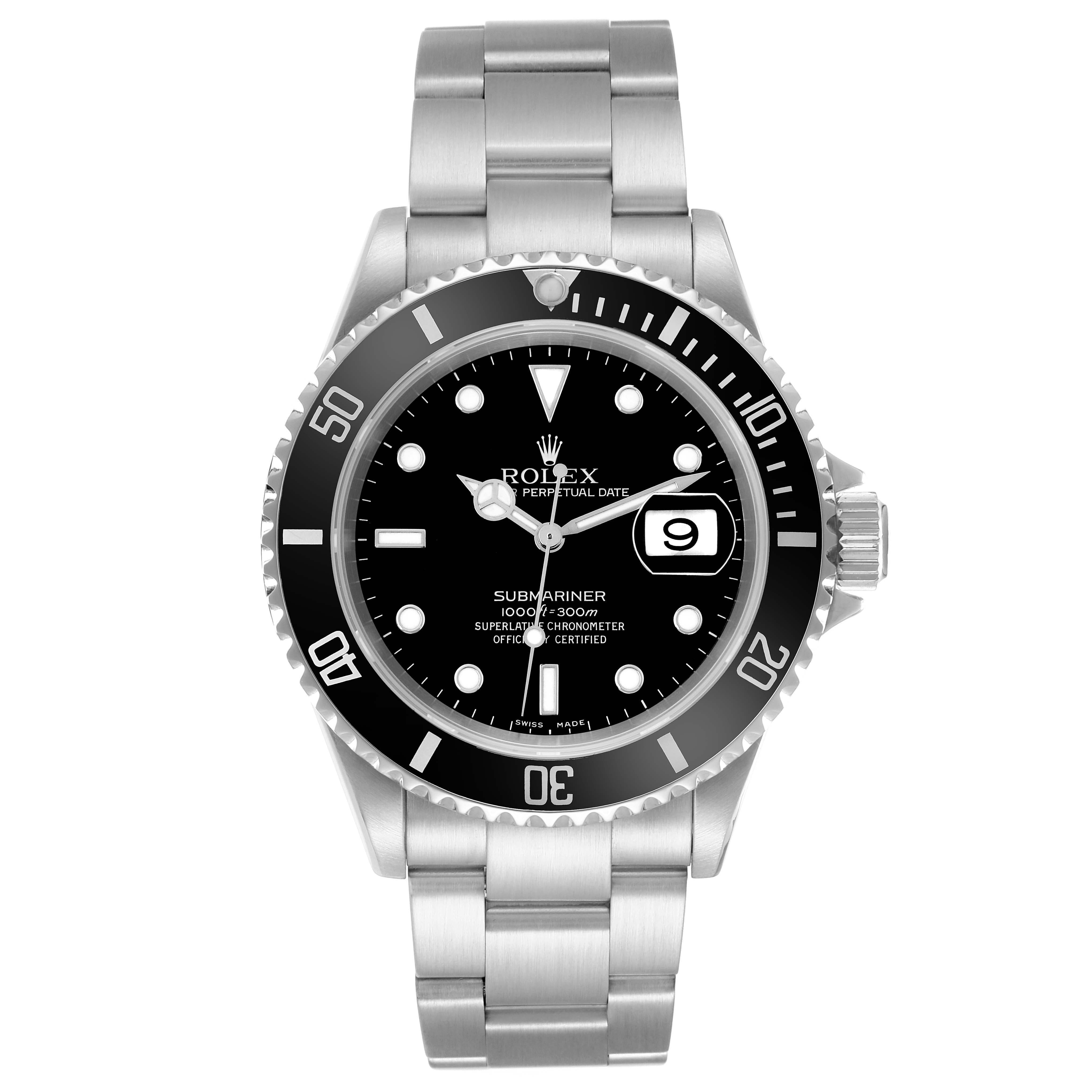 The Rolex Submariner 16610 Men
s Stainless Steel Black Dial watch is shown from a top-down angle, highlighting the dial, bezel, and bracelet.