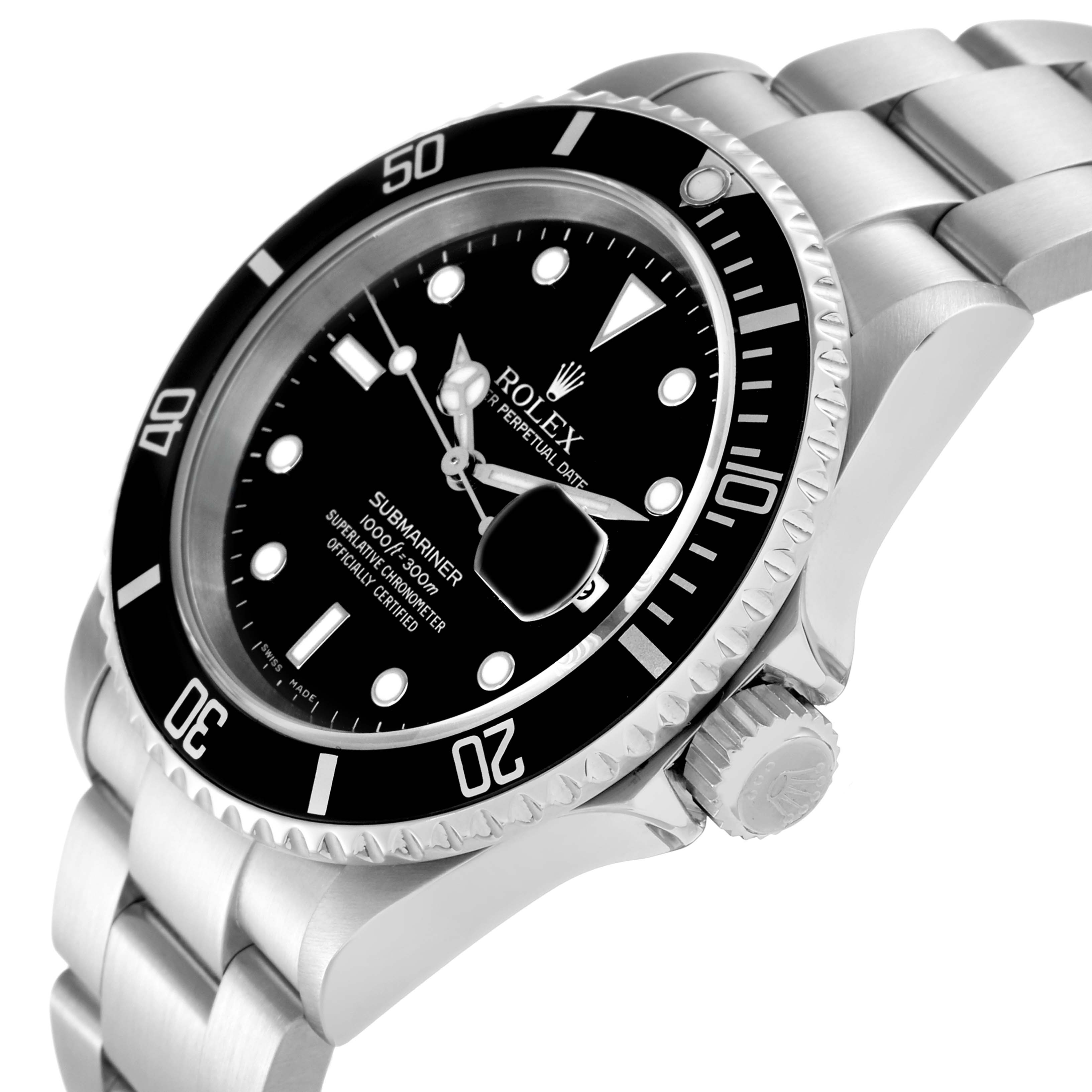 The Rolex Submariner 16610 Men
s Stainless Steel Black Dial watch is shown at a slight angle, highlighting the dial, bezel, and bracelet.