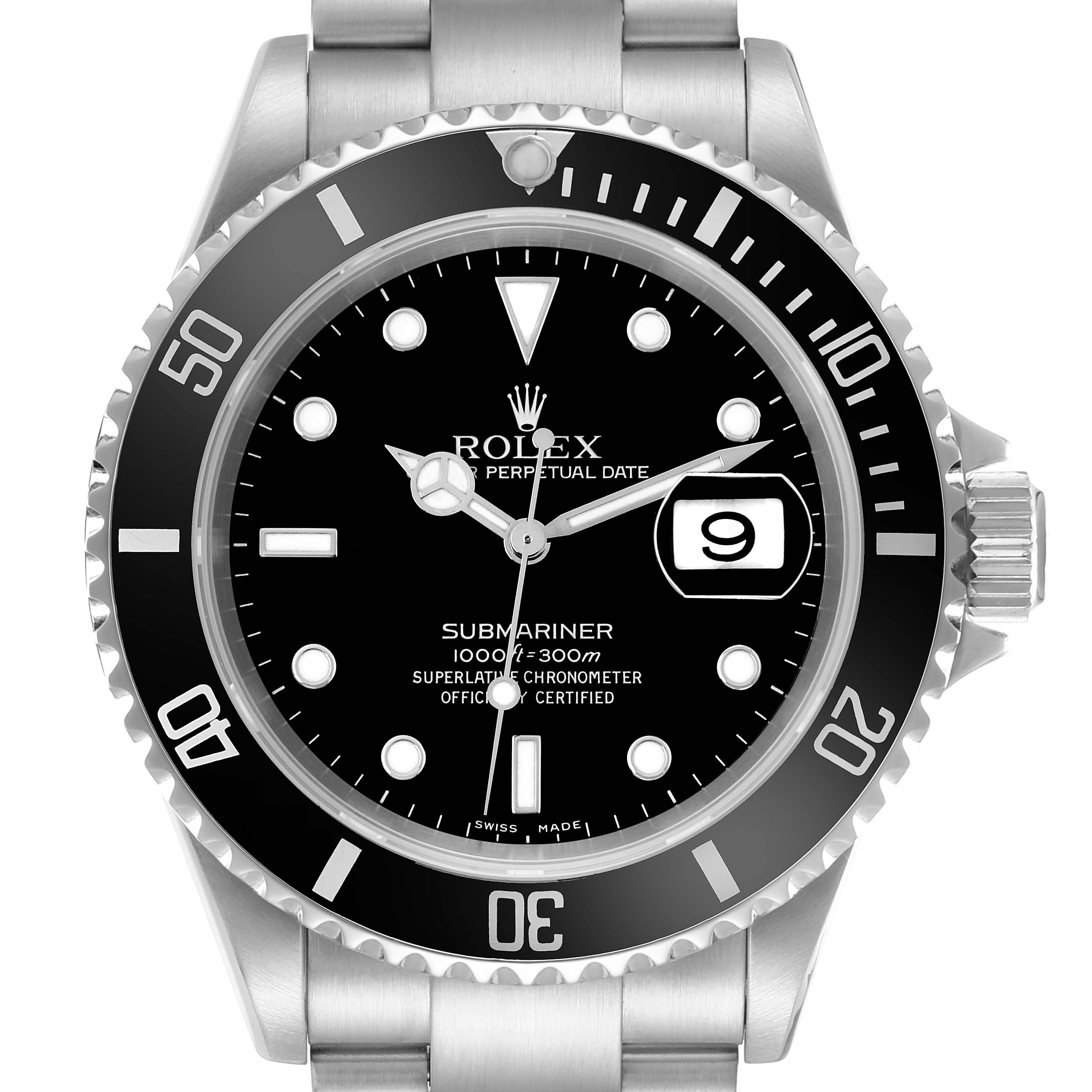 The Rolex Submariner 16610 Men
s Stainless Steel Black Dial watch is shown from a front angle, featuring the dial, bezel, crown, and part of the bracelet.