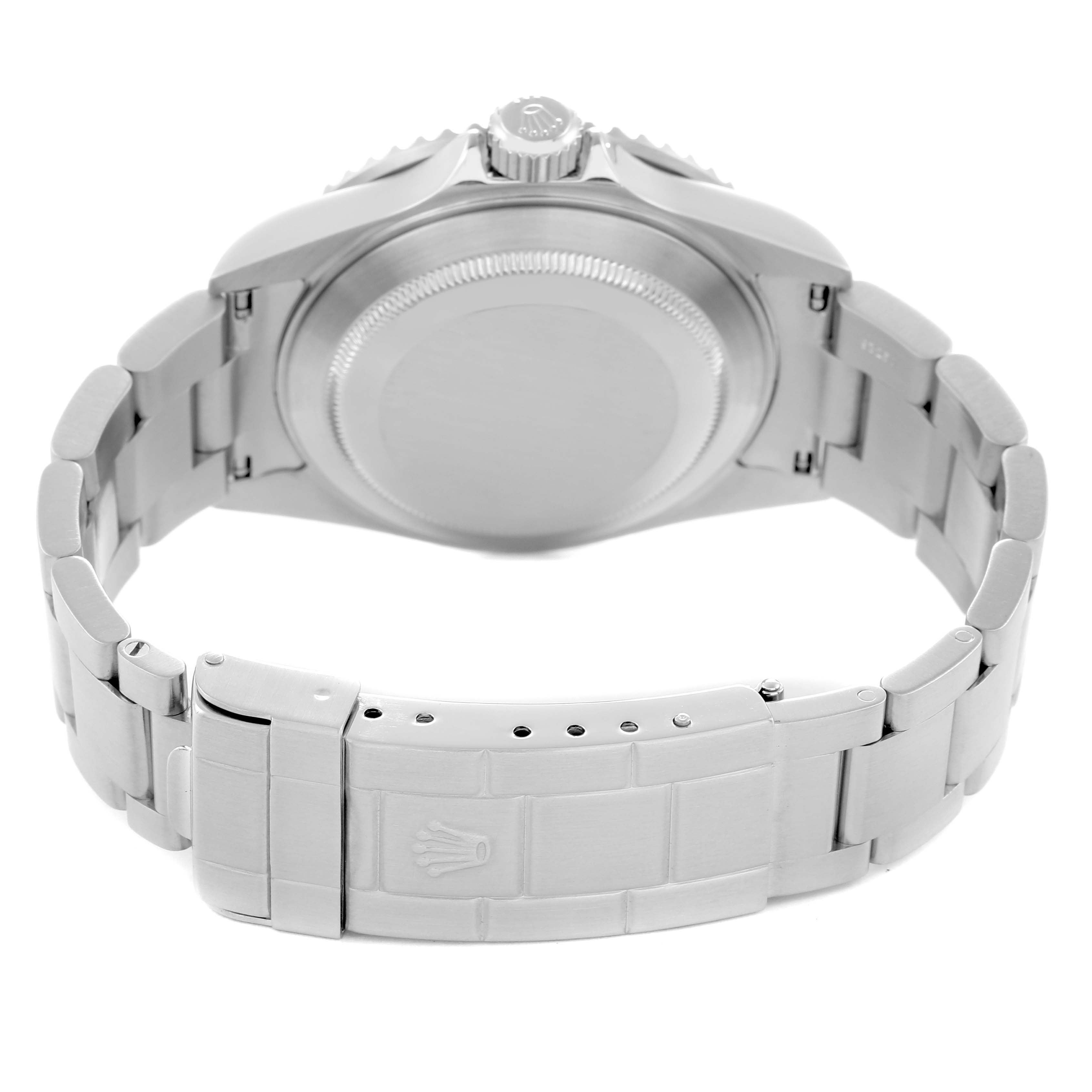 The image shows the case back and bracelet clasp of a Rolex Submariner 16610 Men
s Stainless Steel Black Dial, viewed from the back.