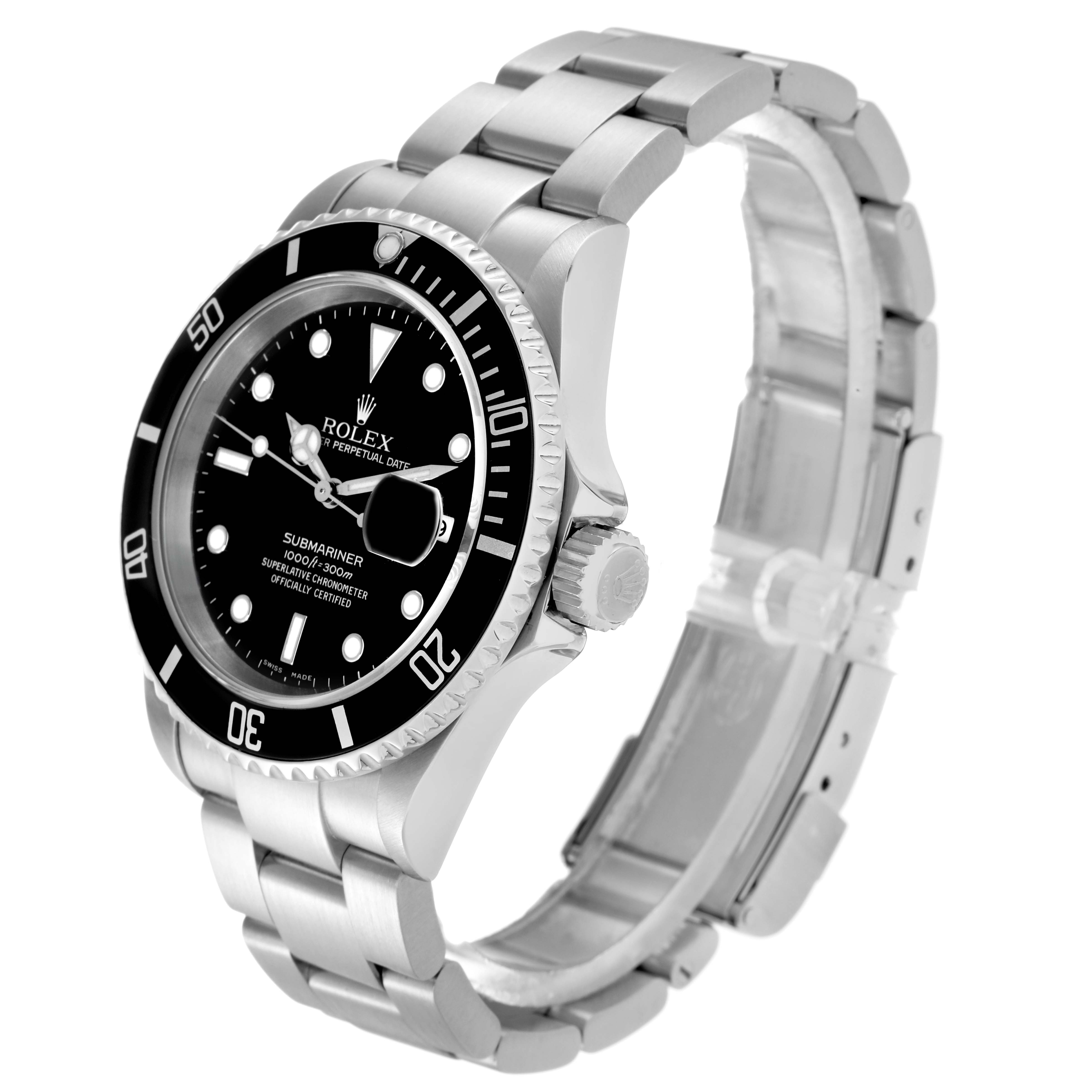 The Rolex Submariner 16610 Men
s Stainless Steel Black Dial watch is angled to show the front dial, bezel, and bracelet clearly.