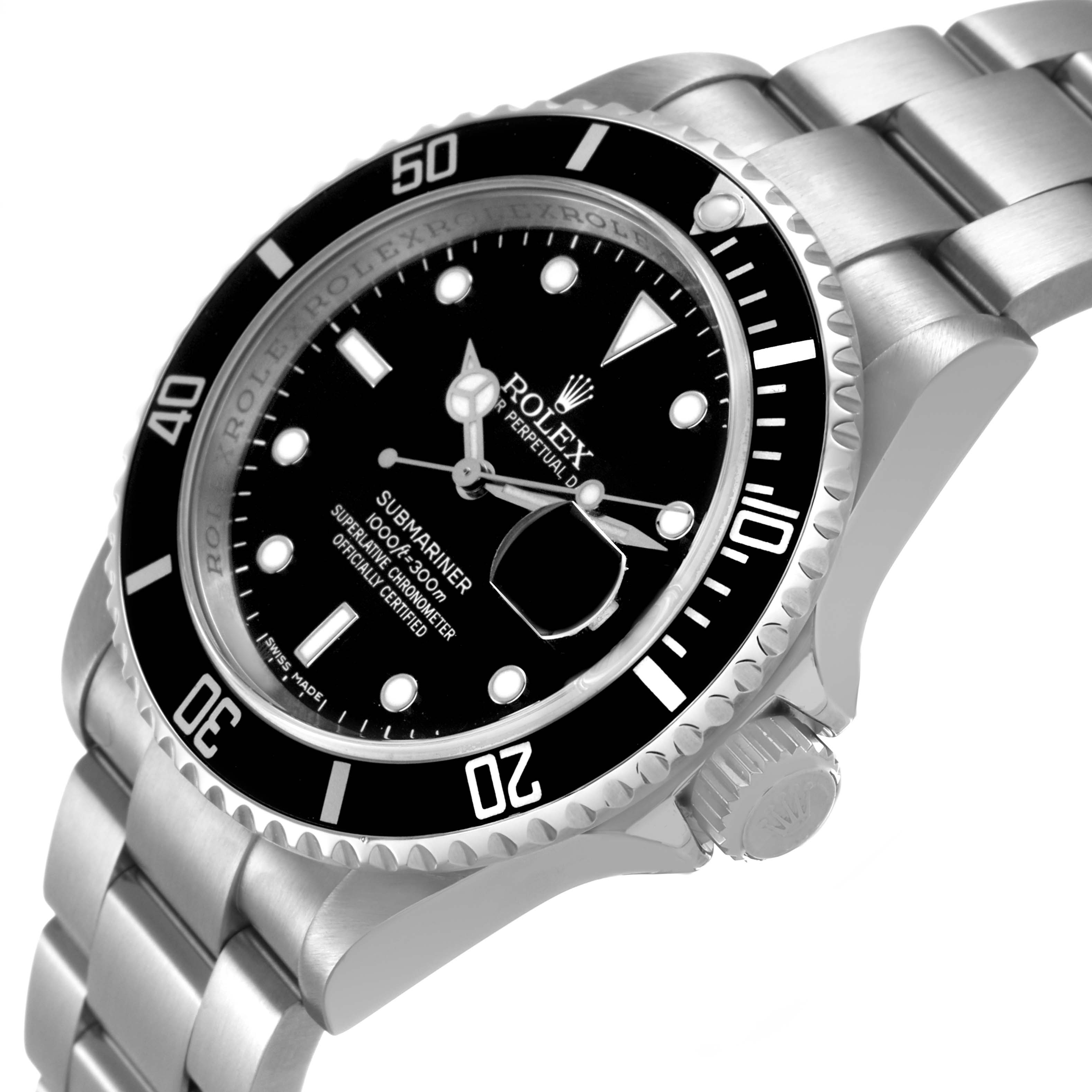 The Rolex Submariner 16610 Men's Stainless Steel Black Dial watch is shown at a tilted angle highlighting its bezel, dial, and bracelet.