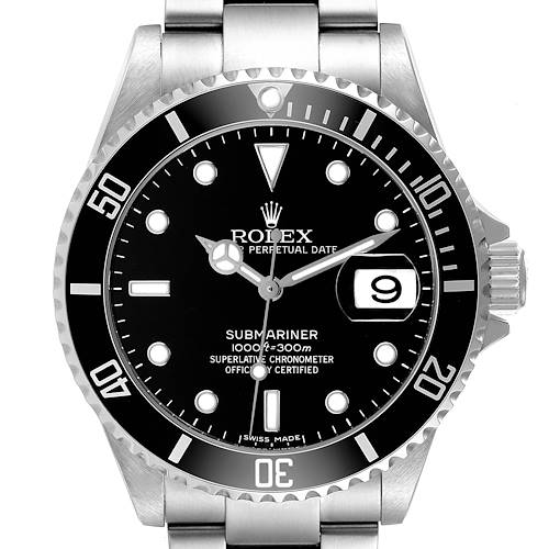 The Rolex Submariner 16610 Men's Stainless Steel Black Dial watch is shown from the front, displaying the dial, bezel, and part of the bracelet.