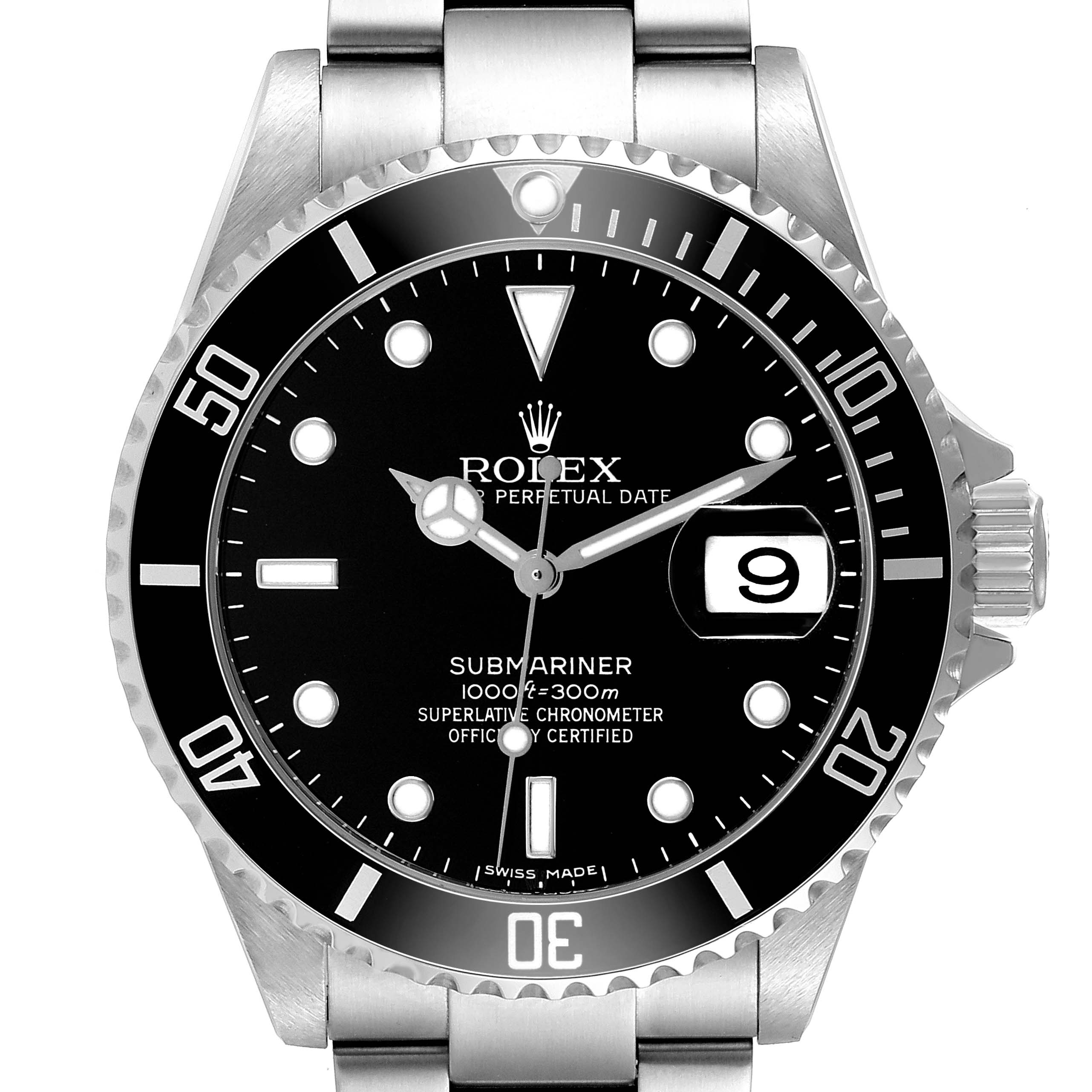 The Rolex Submariner 16610 Men's Stainless Steel Black Dial watch is shown from a top-down angle, featuring its bezel, dial, hands, and date magnifier.