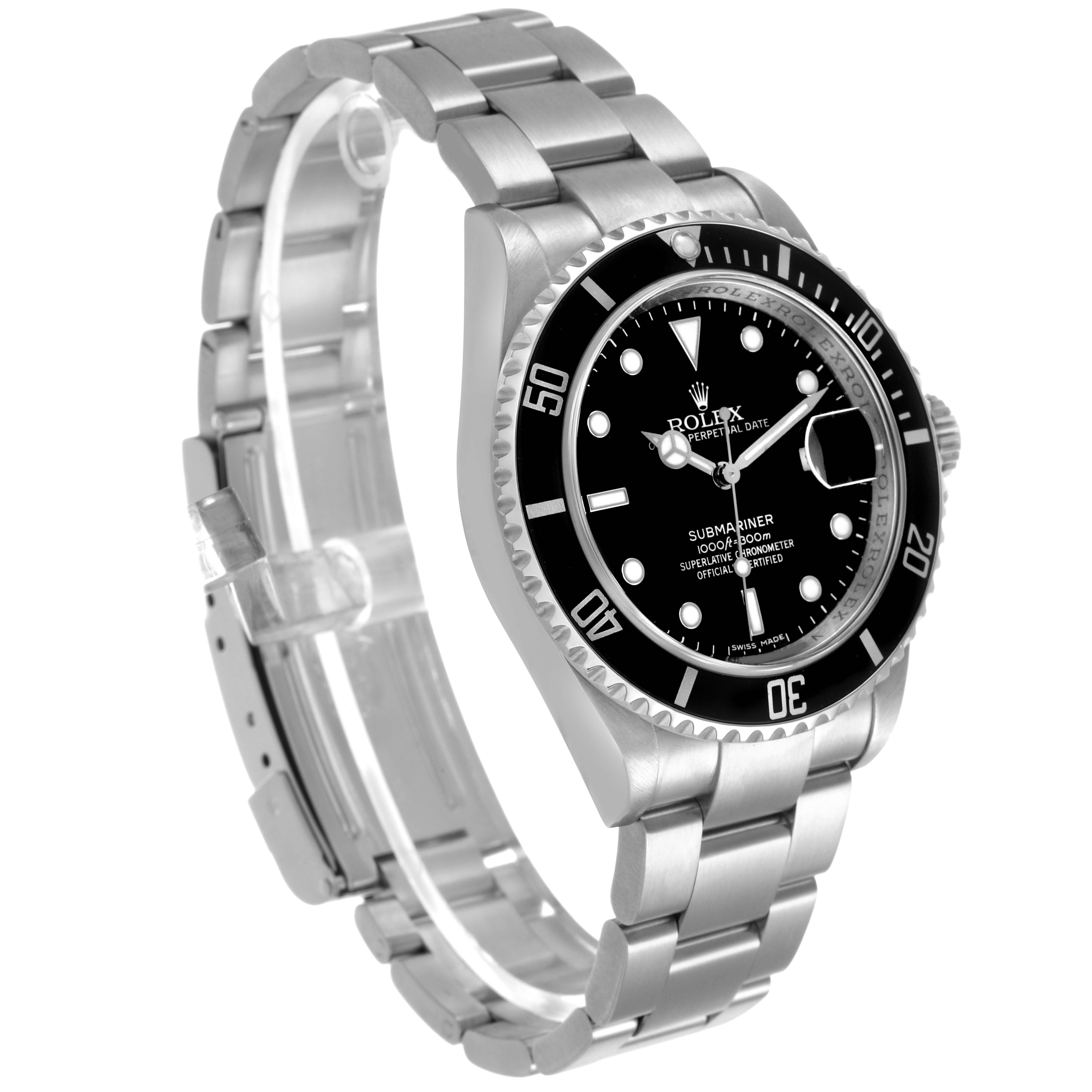 The Rolex Submariner 16610 Men's Stainless Steel Black Dial watch is shown at a three-quarter angle, displaying the face, bezel, and the full bracelet.