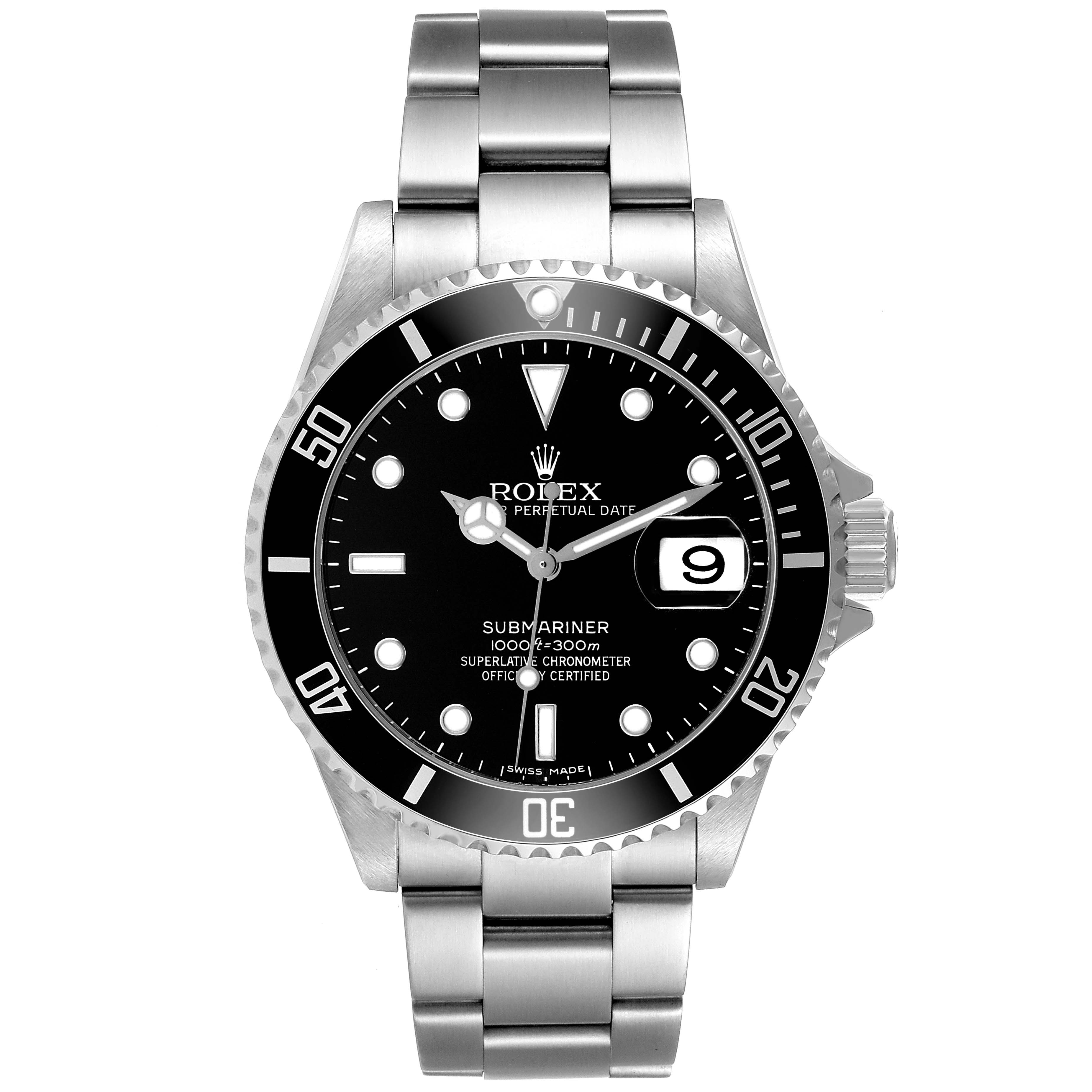 The Rolex Submariner 16610 Men's Stainless Steel Black Dial watch is shown from a front angle, displaying its dial, bezel, and bracelet.