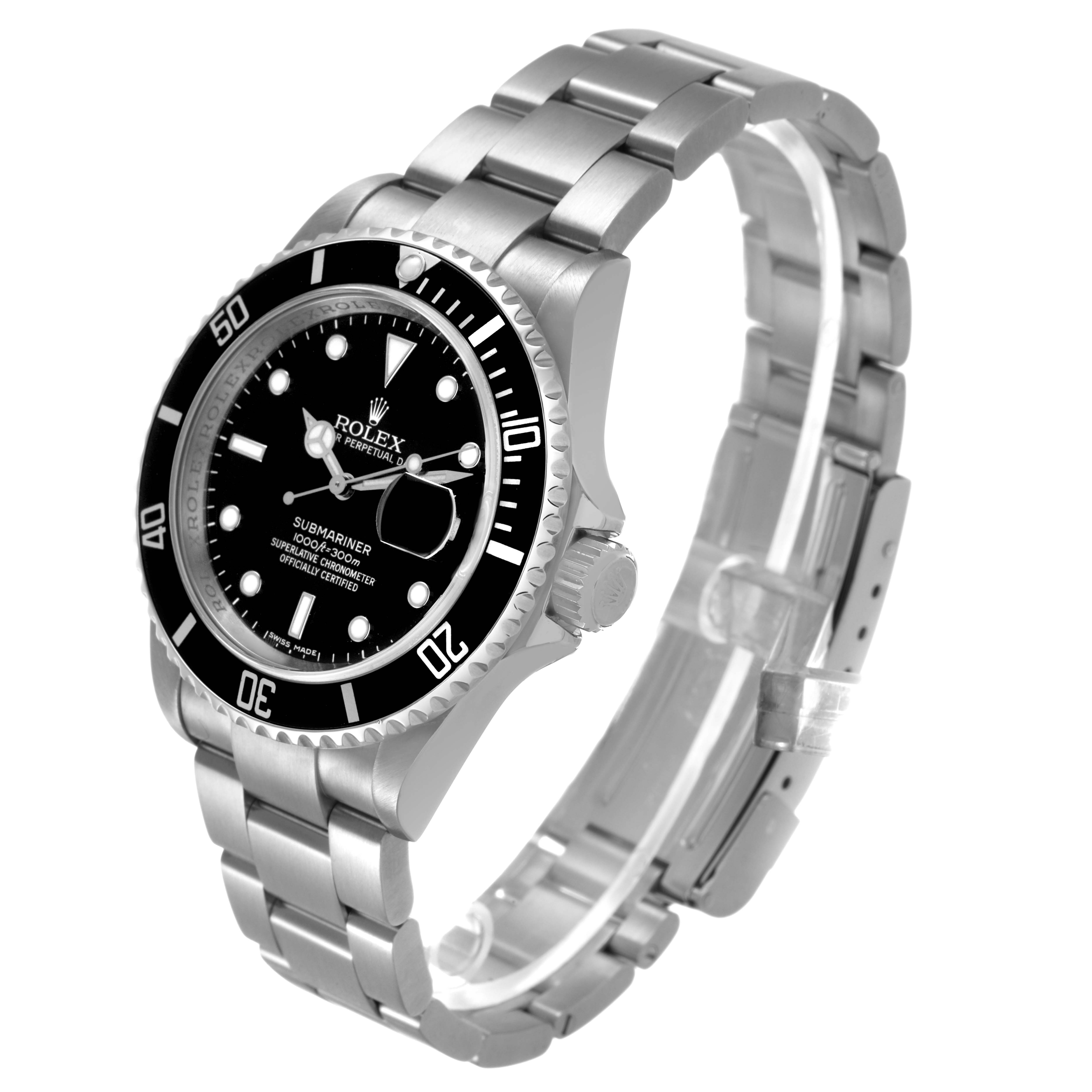 The Rolex Submariner 16610 Men's Stainless Steel Black Dial watch is shown at a three-quarter angle, displaying the face, bezel, crown, and bracelet clearly.