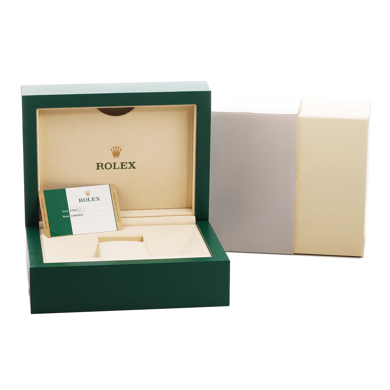 The image shows the open packaging and card for a Rolex Submariner ROLEX SUBMARINER HULK GREEN DIAL STEEL MENS WATCH 116610LV BOX CARD Men's Stainless Steel Green Dial, with the box at a slight angle.