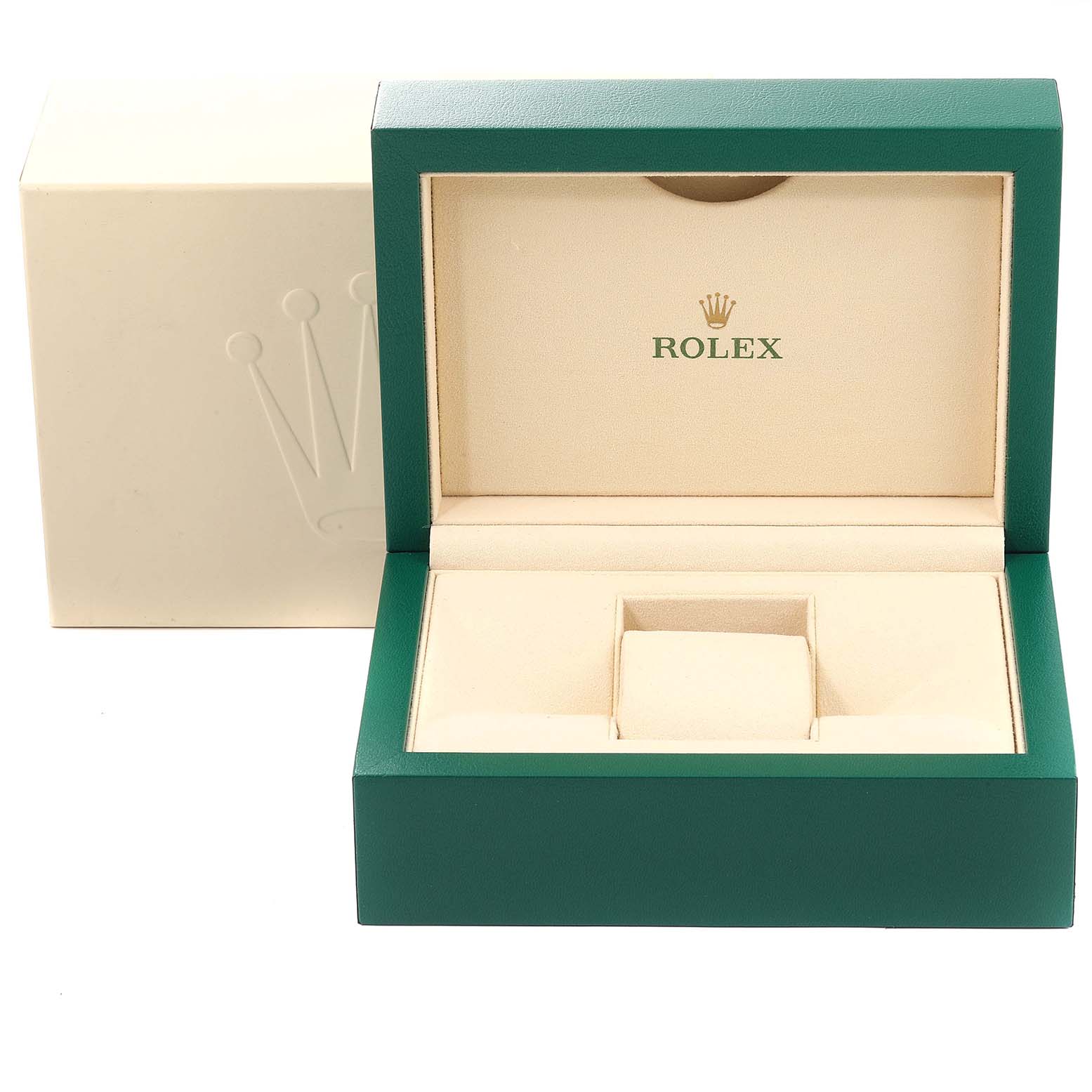 This image shows an open green and beige Rolex Submariner 116613 Men's Steel and Gold (two tone) Black Dial 116613 Men's Steel and Gold (two tone) Black Dial watch box with the Rolex logo inside.