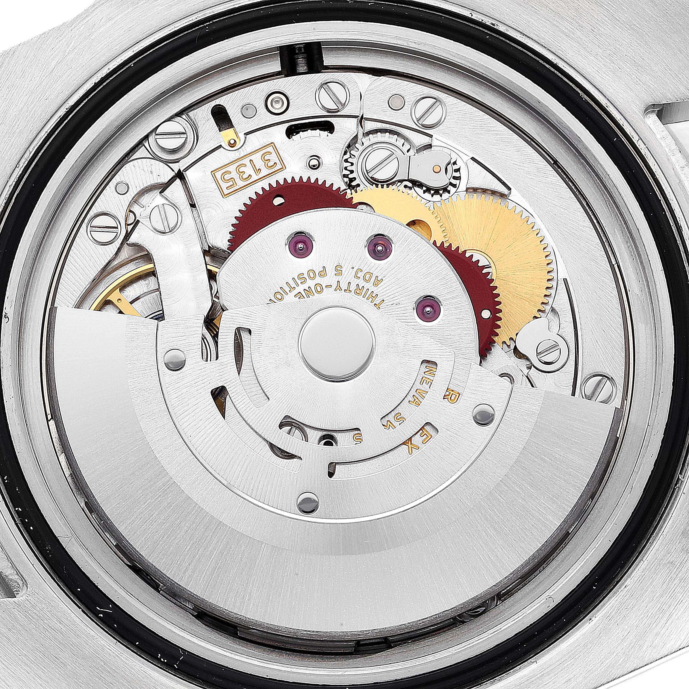 This image shows the inner mechanical movement and components of a Rolex Submariner 116613 Men's Steel and Gold (two tone) Black Dial 116613 Men's Steel and Gold (two tone) Black Dial watch from a rear angle.