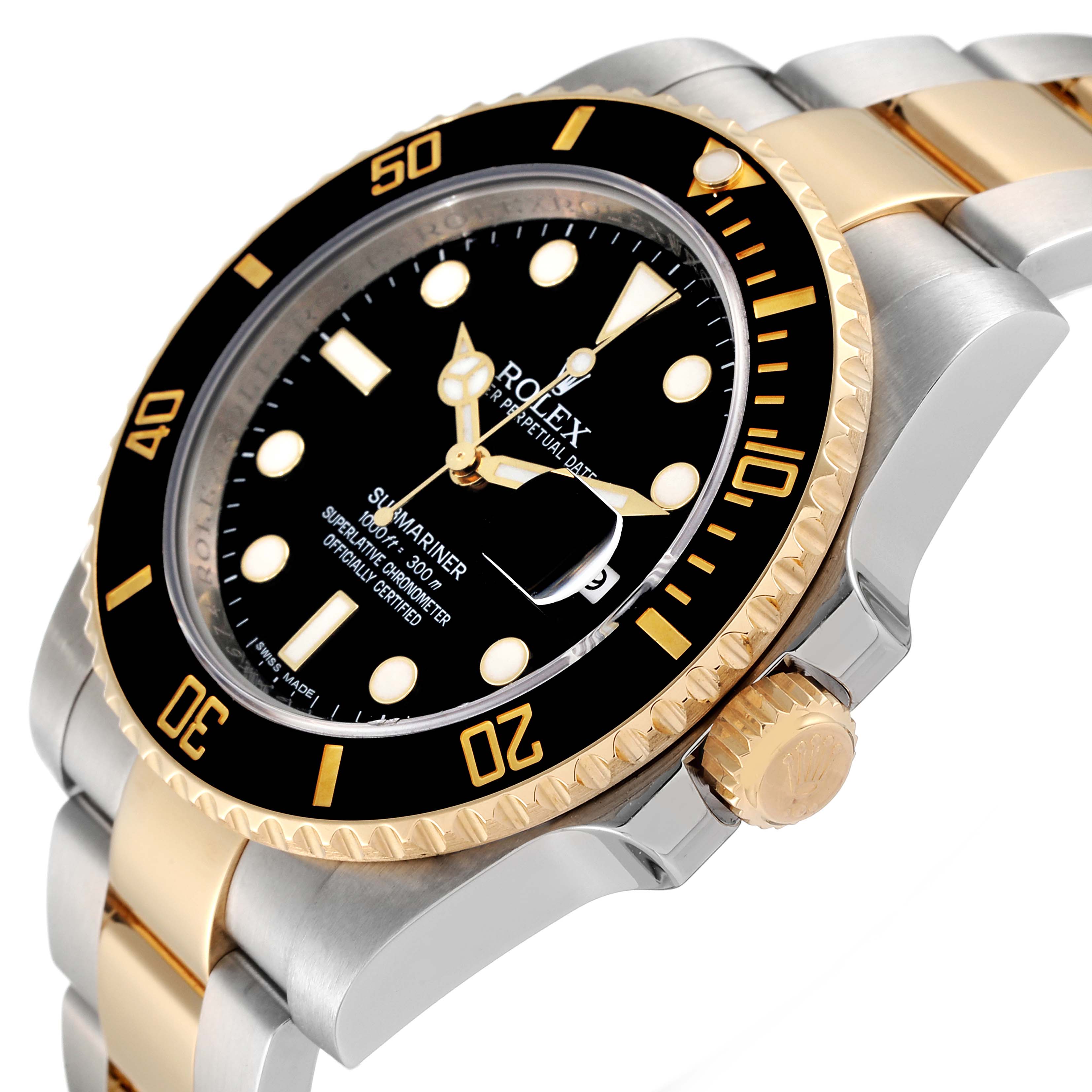 The Rolex Submariner 116613 Men's Steel and Gold (two tone) Black Dial 116613 Men's Steel and Gold (two tone) Black Dial is shown in an angled close-up, highlighting the bezel, dial, crown, and part of the bracelet.