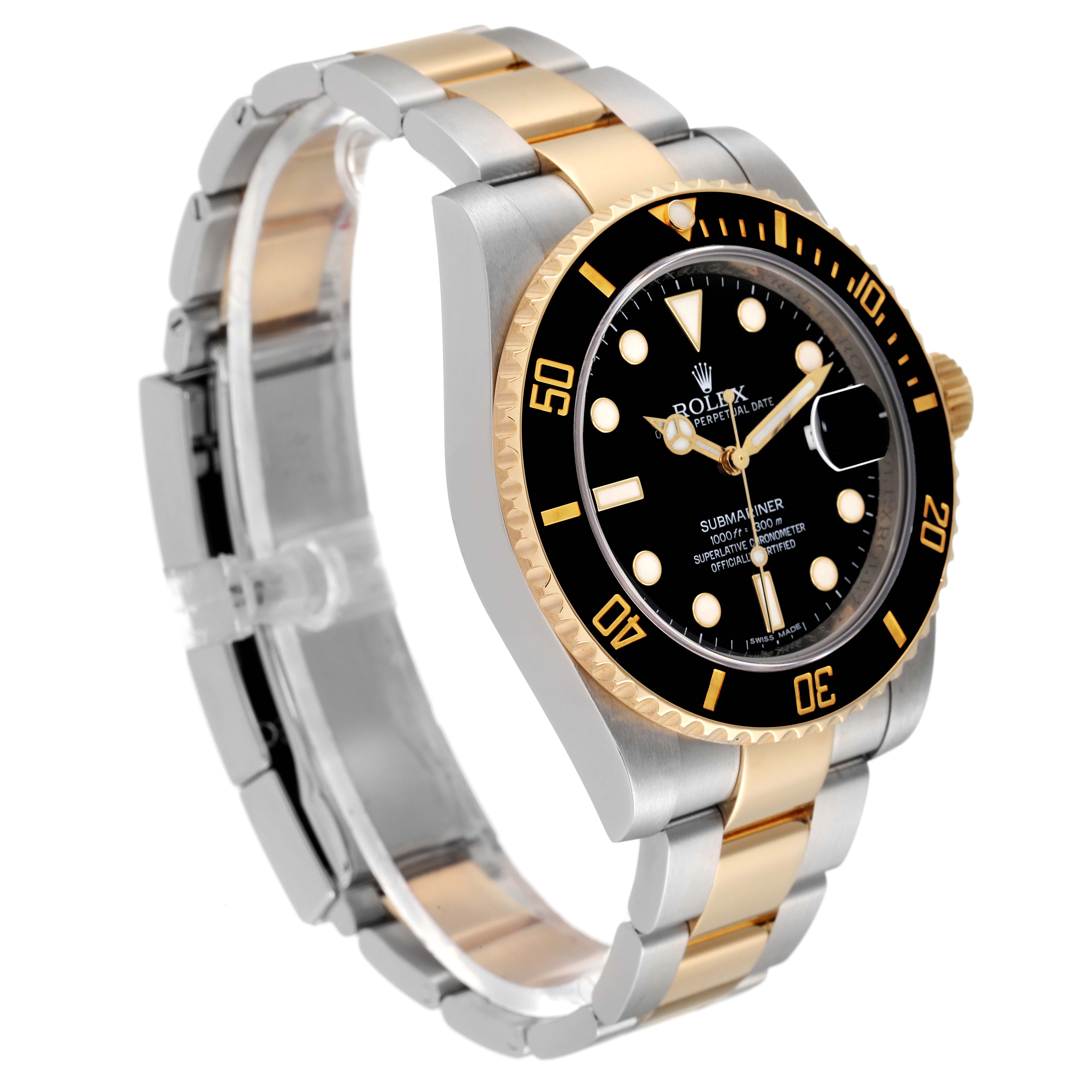 The image shows a side angle of the Rolex Submariner 116613 Men's Steel and Gold (two tone) Black Dial 116613 Men's Steel and Gold (two tone) Black Dial watch, displaying the dial, bezel, crown, and bracelet.