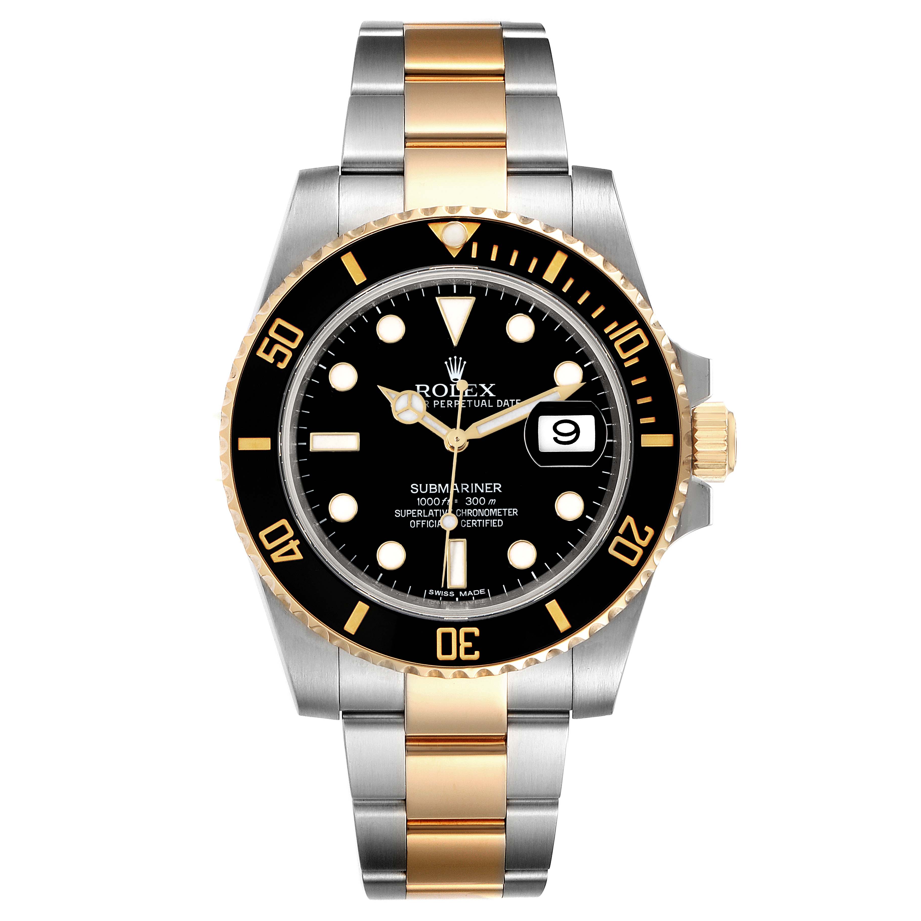 The image shows a front view of a Rolex Submariner 116613 Men's Steel and Gold (two tone) Black Dial 116613 Men's Steel and Gold (two tone) Black Dial watch, displaying its black dial, two-tone bracelet, and date window.