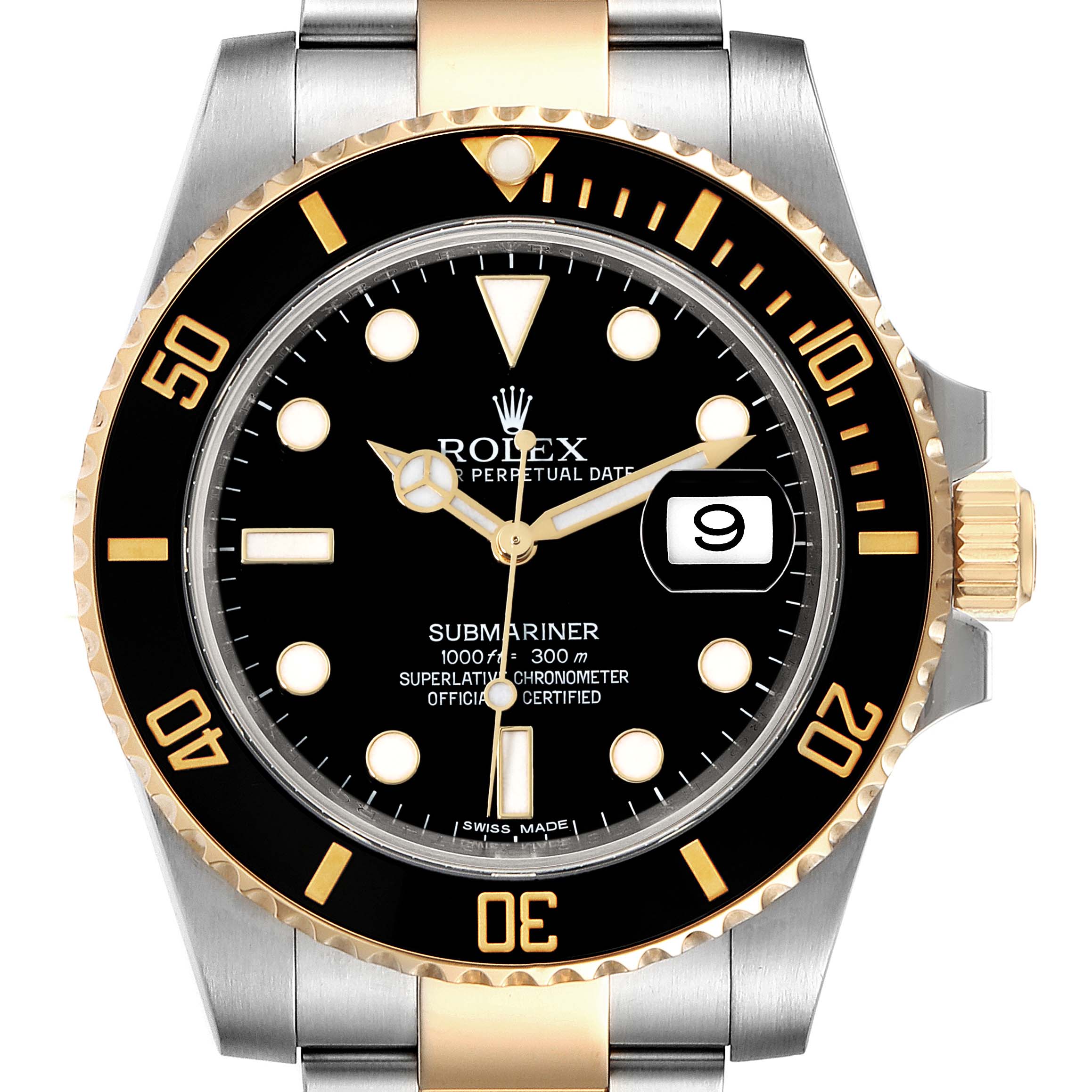 The image shows a front view of a Rolex Submariner 116613 Men's Steel and Gold (two tone) Black Dial 116613 Men's Steel and Gold (two tone) Black Dial watch, focusing on the bezel, dial, and bracelet.