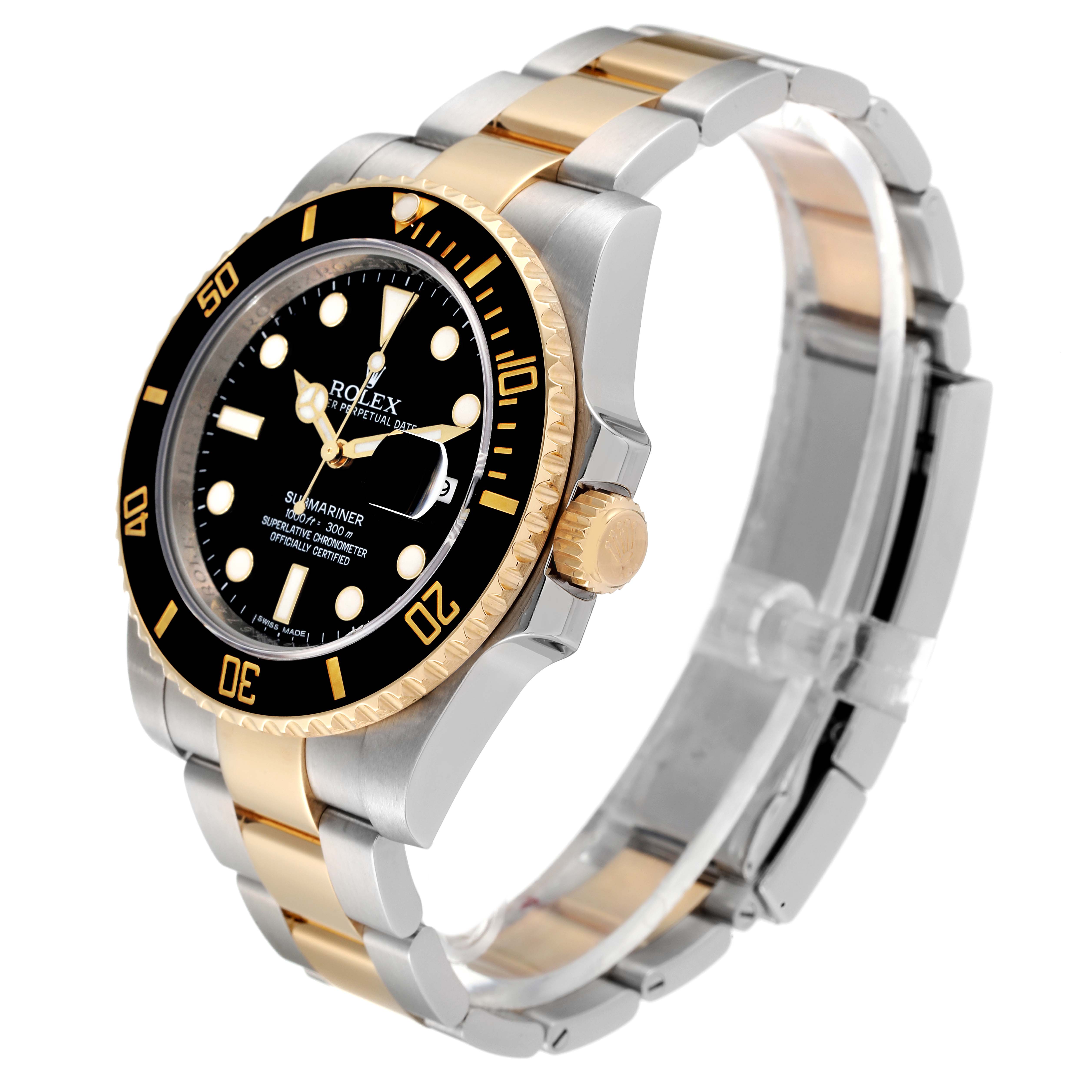 The image shows a Rolex Submariner 116613 Men's Steel and Gold (two tone) Black Dial 116613 Men's Steel and Gold (two tone) Black Dial watch angled from the side, displaying its bezel, dial, crown, and two-tone bracelet.