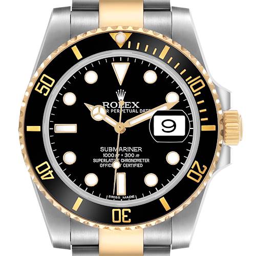 The Rolex Submariner 116613 Men's Steel and Gold (two tone) Black Dial watch is shown from a front angle, highlighting the dial, bezel, and crown.