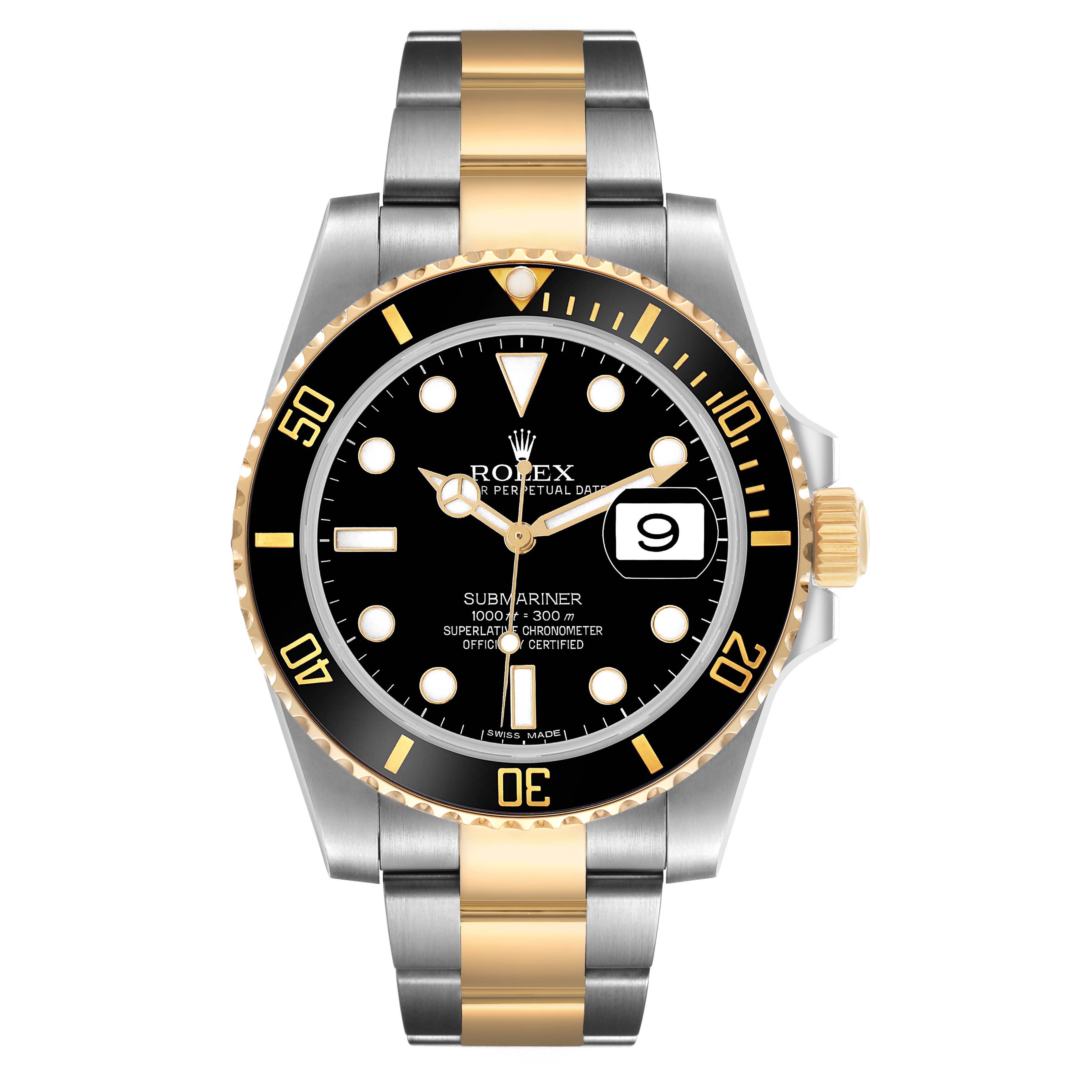 The Rolex Submariner 116613 Men's Steel and Gold (two tone) Black Dial is shown from the front, featuring the bezel, dial, bracelet, and crown.