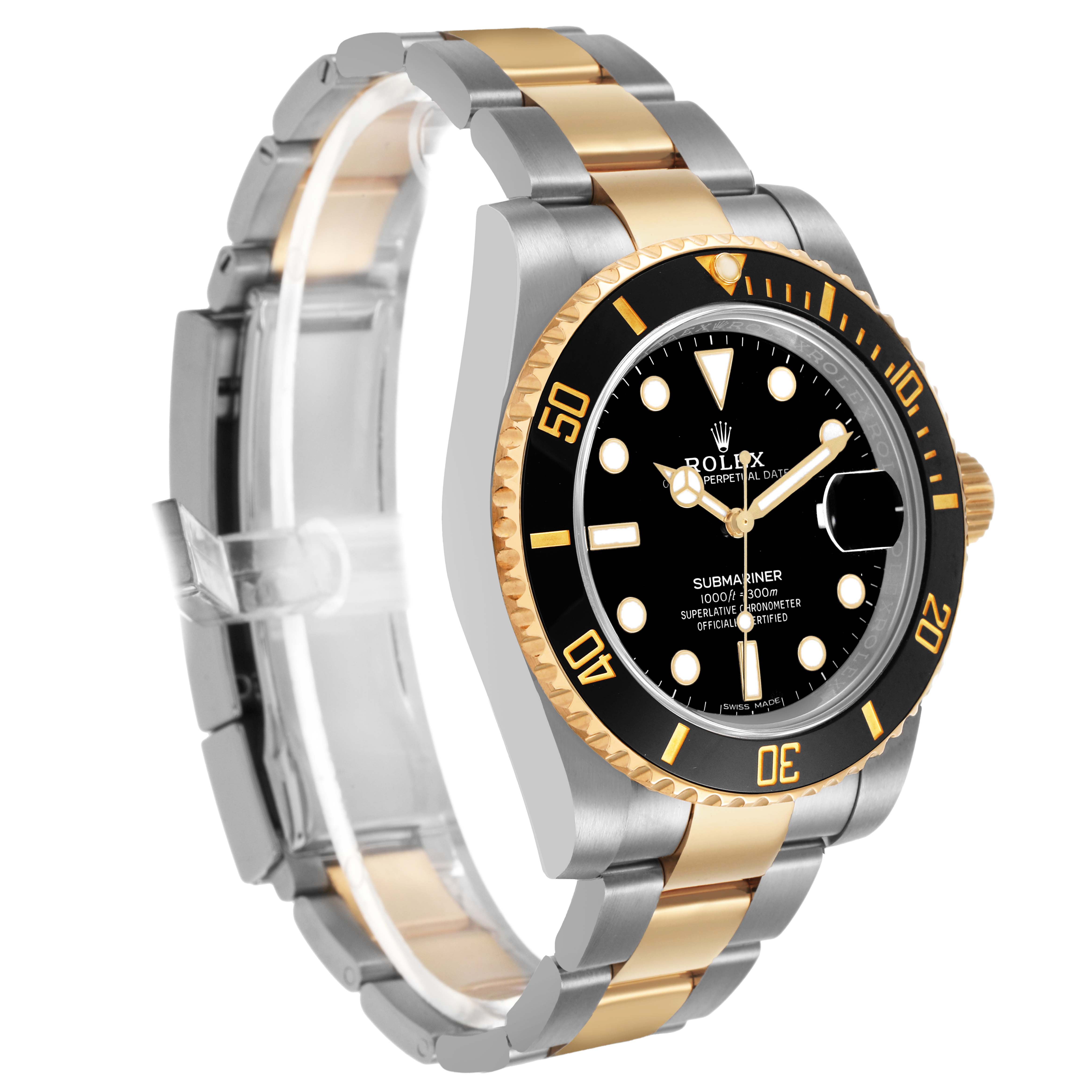 The Rolex Submariner 116613 Men's Steel and Gold (two tone) Black Dial watch is shown at an angled side view, highlighting the bezel, dial, and bracelet links.