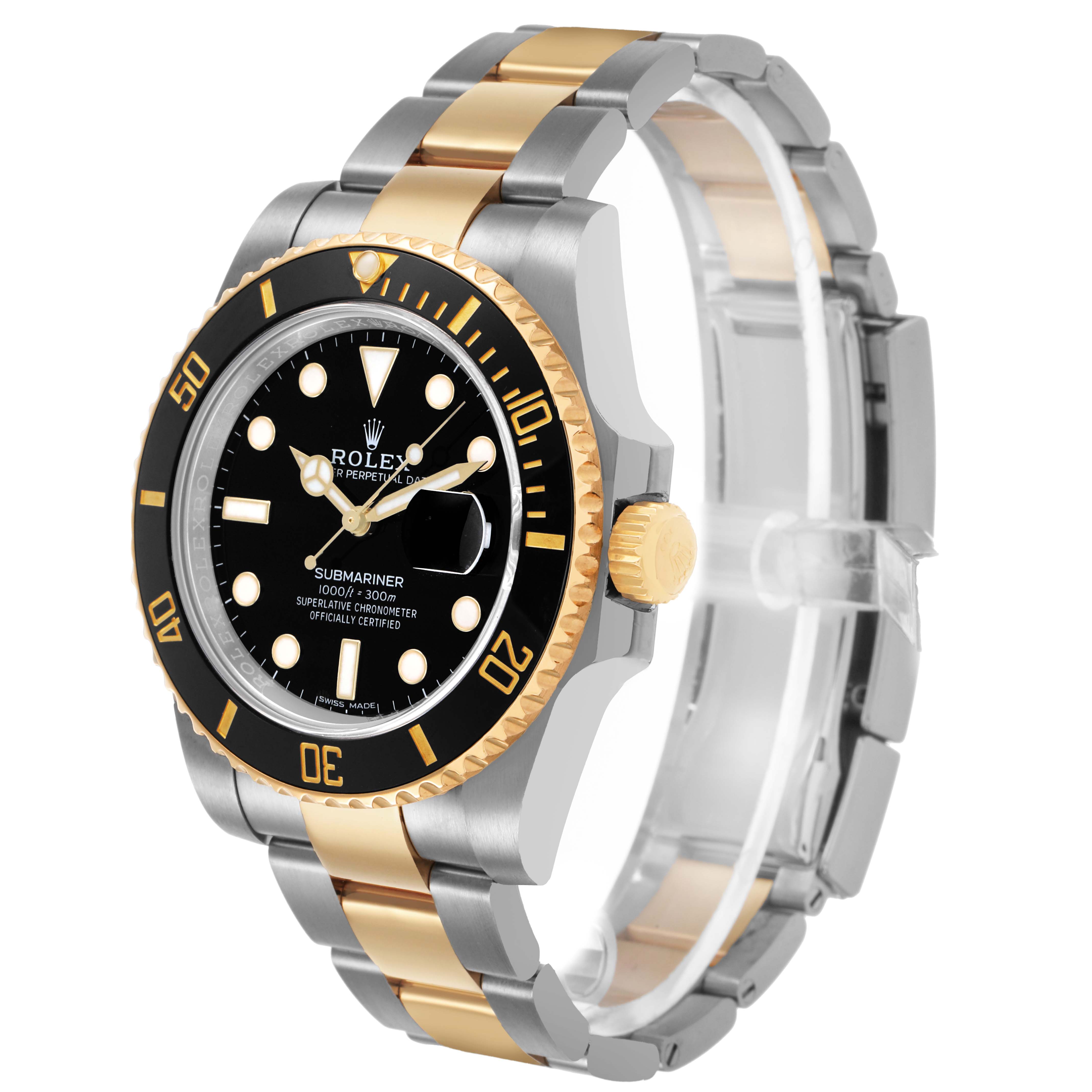 The image shows a Rolex Submariner 116613 Men's Steel and Gold (two tone) Black Dial watch at a three-quarter angle, highlighting the face, two-tone bracelet, bezel, and crown.