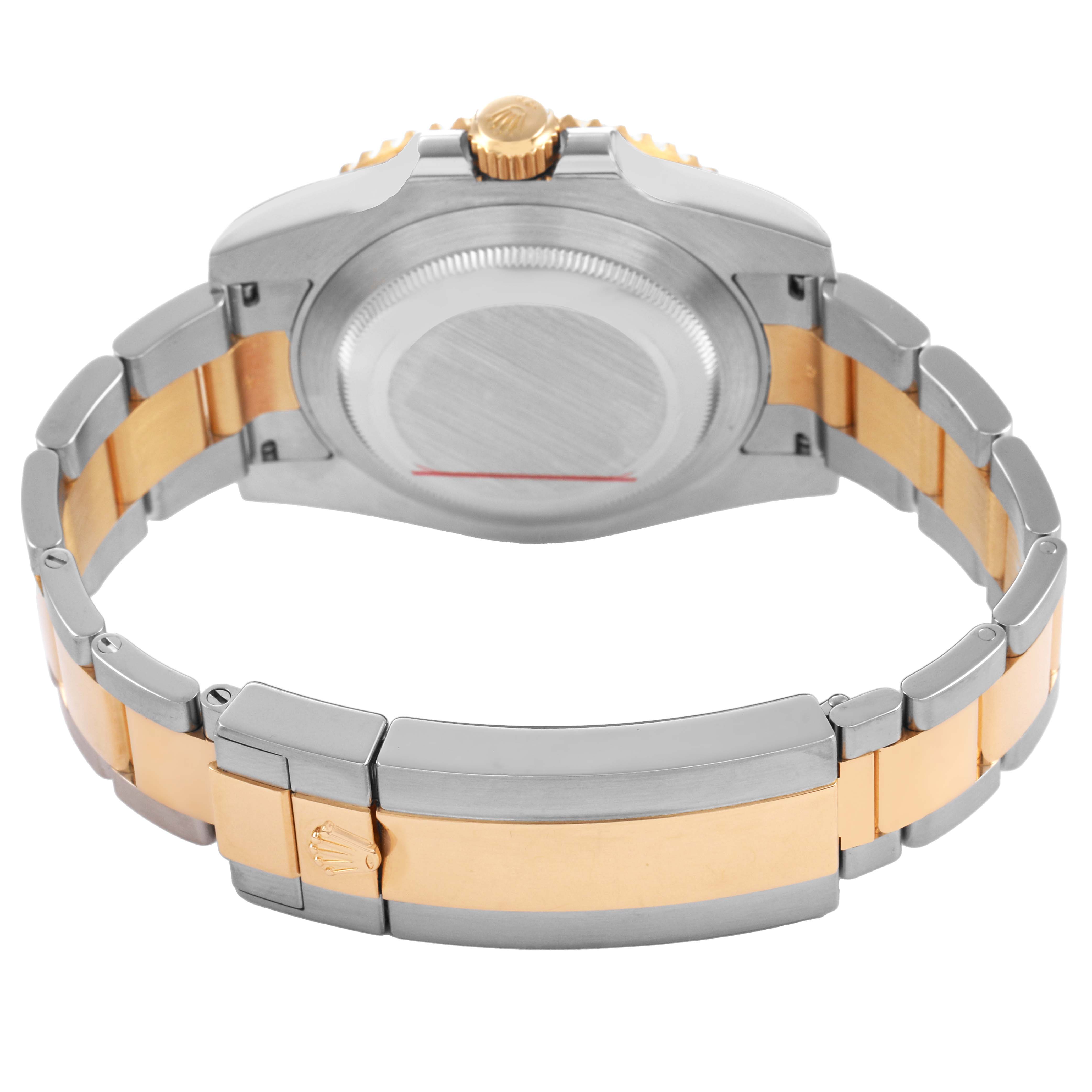 The image shows the back and clasp of a Rolex Submariner 116613 Men's Steel and Gold (two tone) Black Dial, highlighting the bracelet and case back from a rear angle.