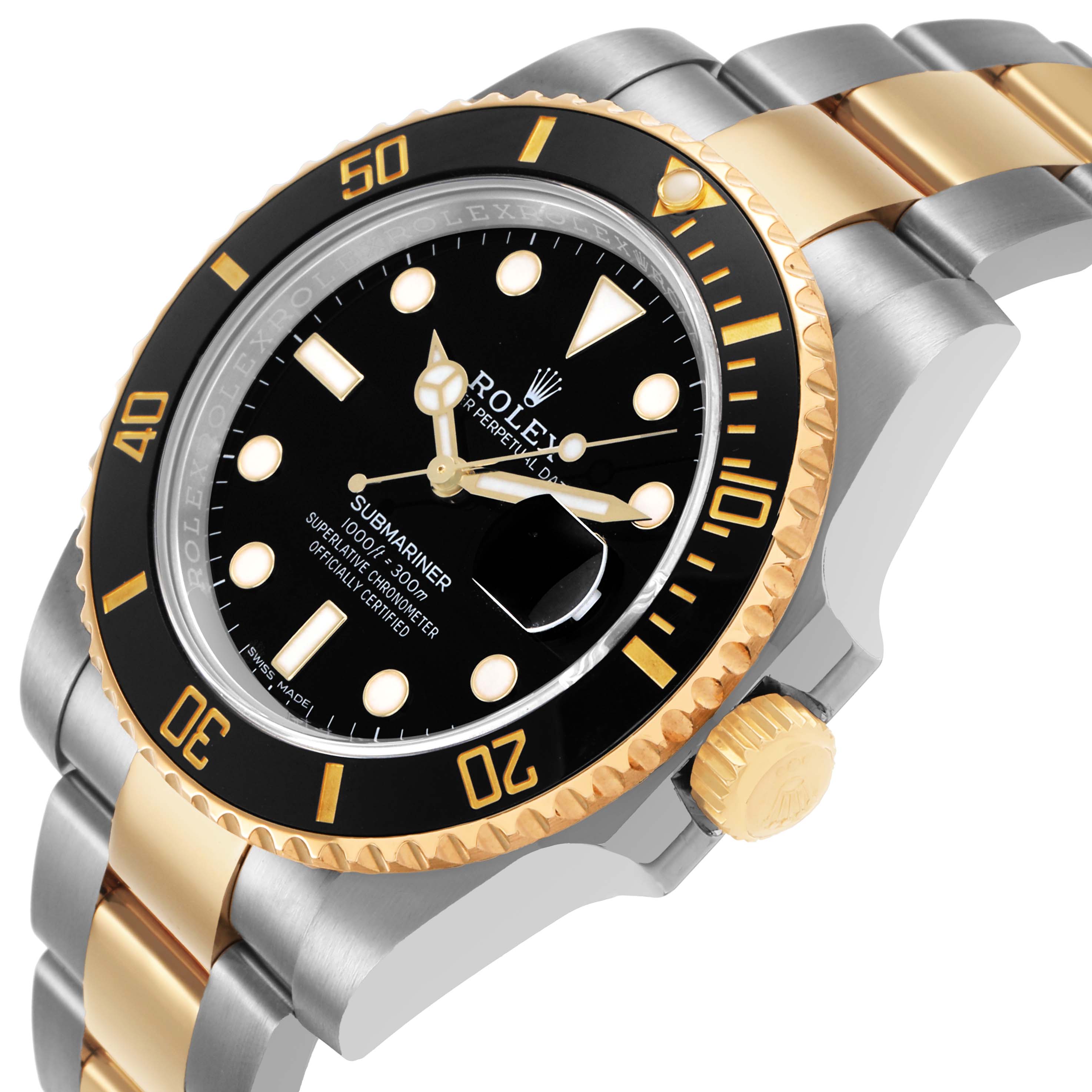 The Rolex Submariner 116613 Men's Steel and Gold (two tone) Black Dial watch is shown at a slight angle, highlighting its black dial, ceramic bezel, and two-tone bracelet.