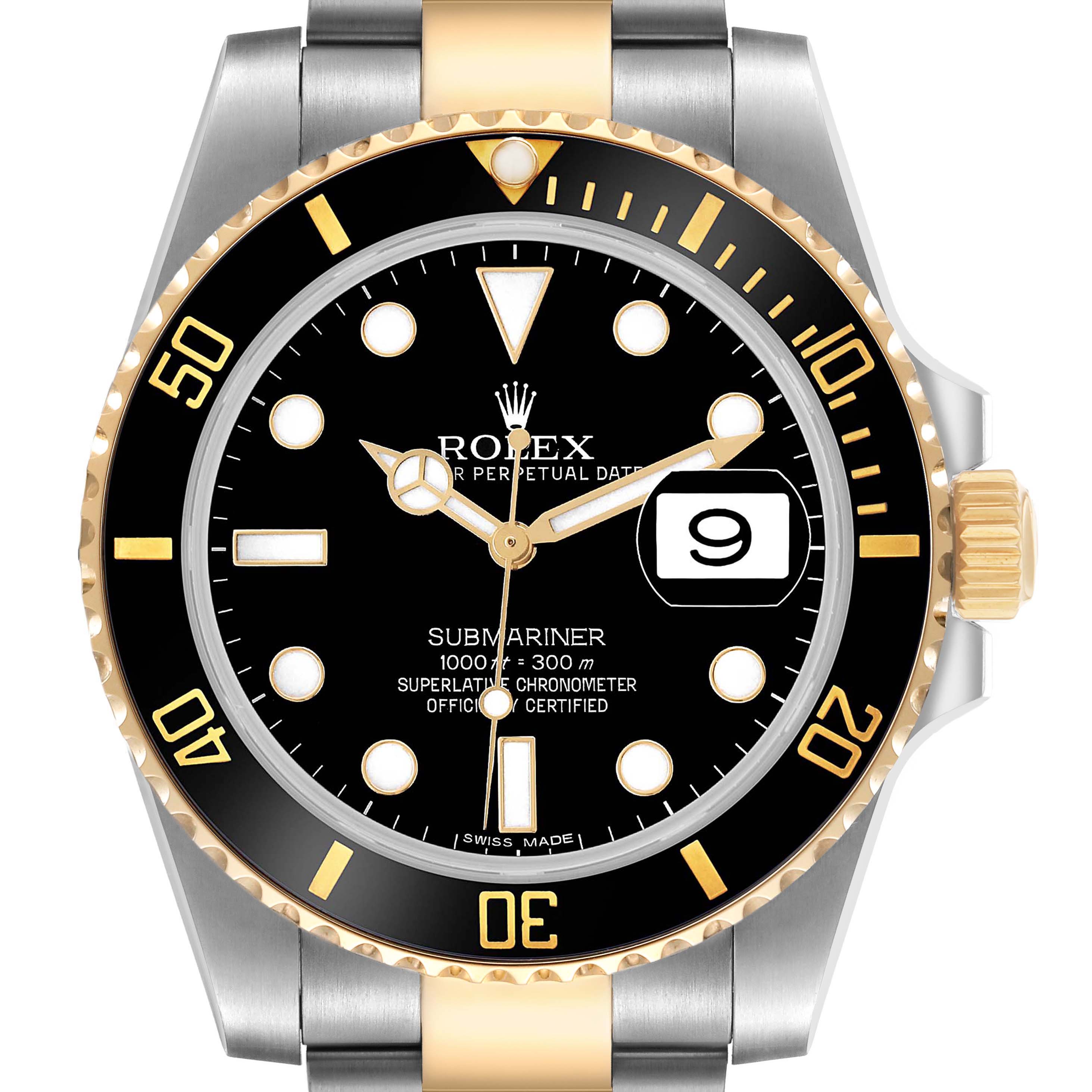 The Rolex Submariner 116613 Men's Steel and Gold (two tone) Black Dial watch is shown from a front angle, highlighting the dial, bezel, crown, and part of the bracelet.