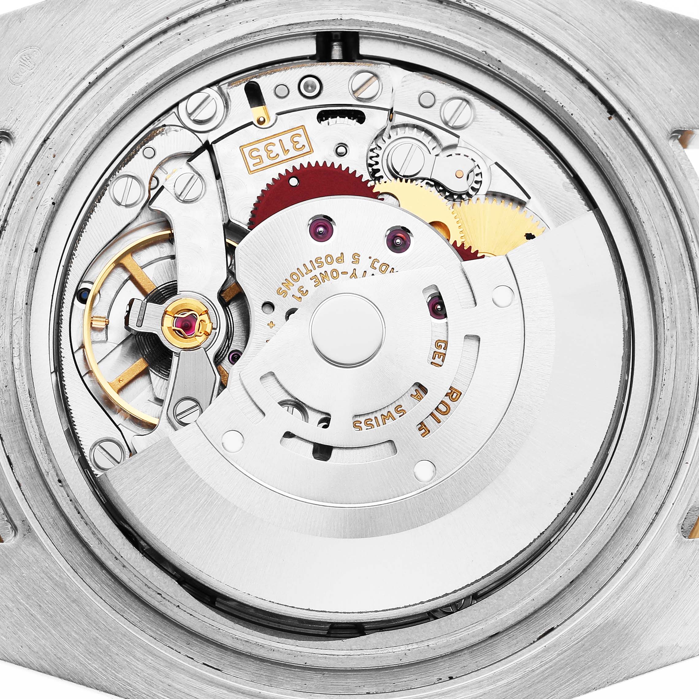 The image shows a close-up view of the movement inside a Rolex Submariner 116613 Men's Steel and Gold (two tone) Black Dial watch, highlighting gears and components.