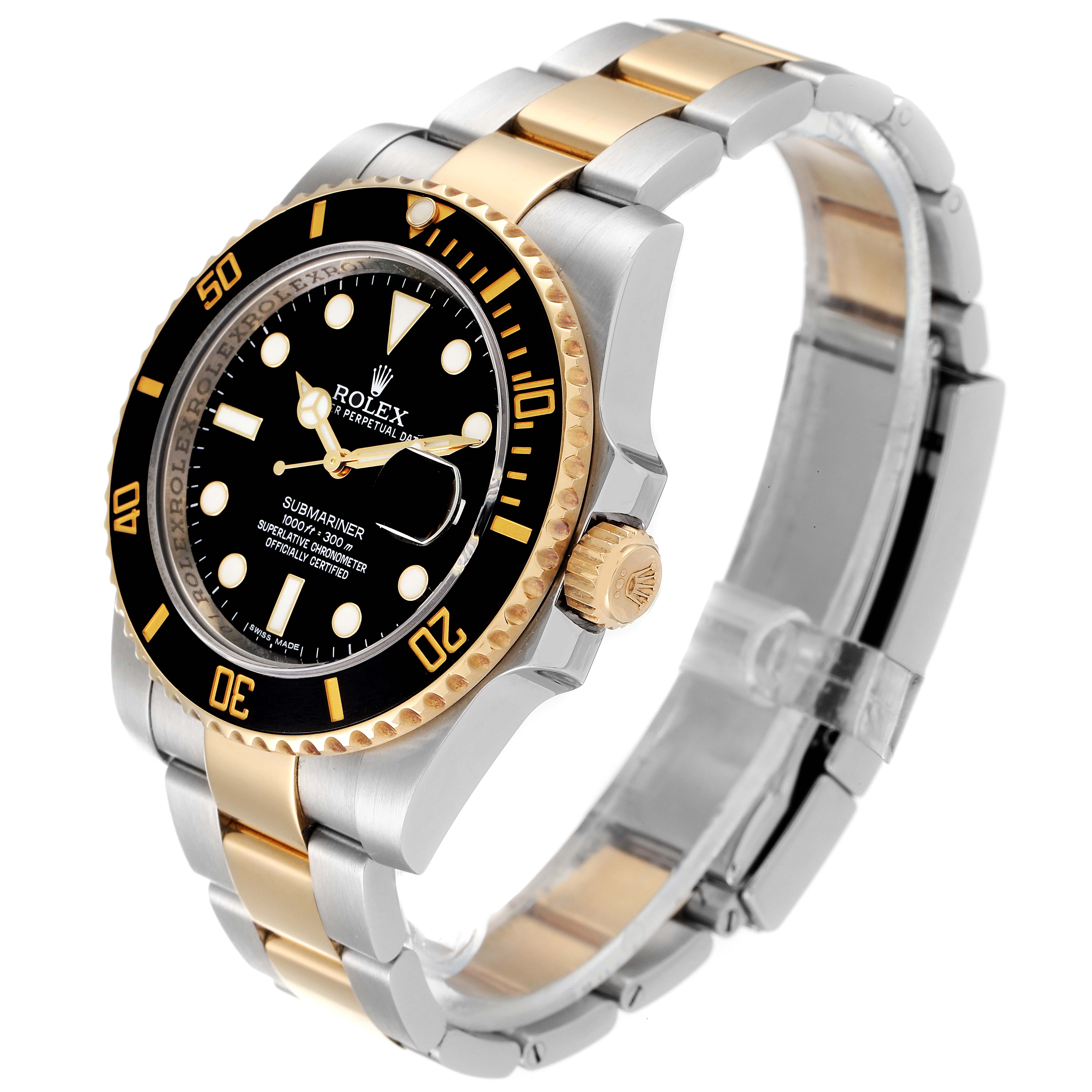 The image shows a Rolex Submariner 116613 Men
s Steel and Gold (two tone) Black Dial 116613 Men
s Steel and Gold (two tone) Black Dial watch at a three-quarter angle, displaying the face, case, bezel, and bracelet.