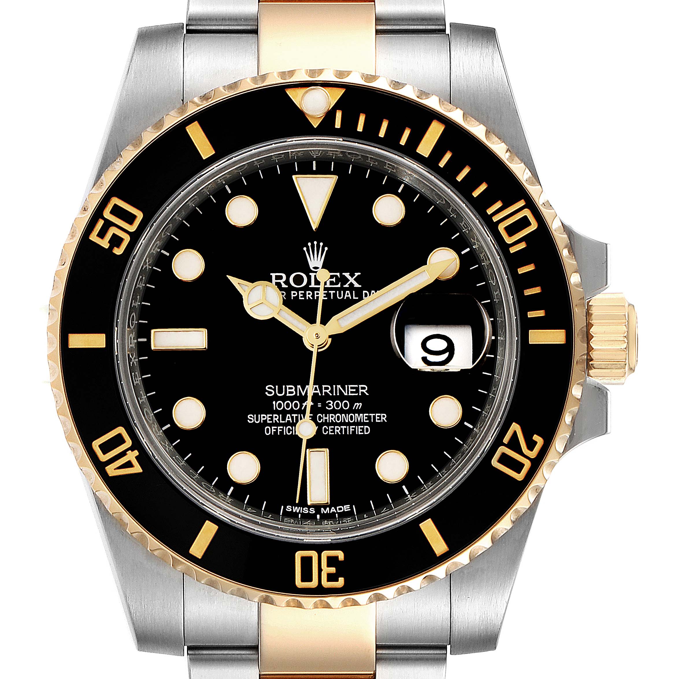 The image shows a front view of the Rolex Submariner 116613 Men
s Steel and Gold (two tone) Black Dial 116613 Men
s Steel and Gold (two tone) Black Dial watch, featuring its face, dial, bezel, and part of the bracelet.