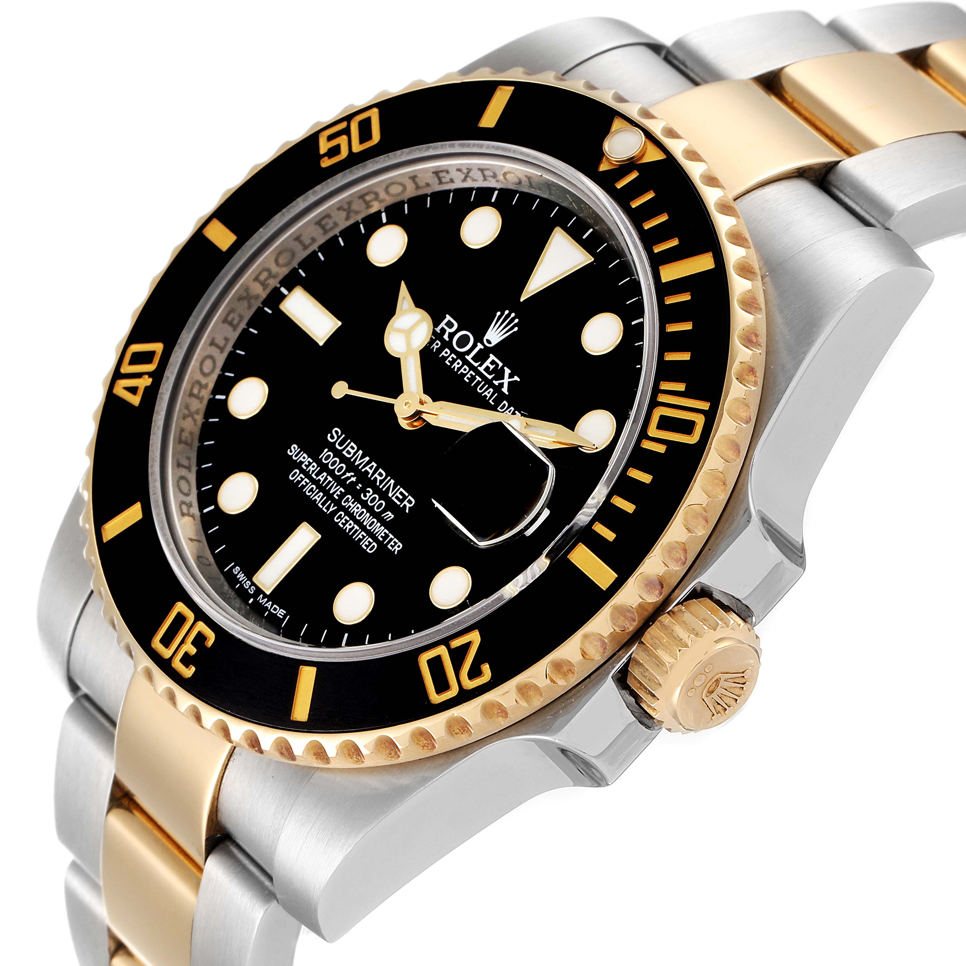 This image shows a close-up angle of a Rolex Submariner 116613 Men
s Steel and Gold (two tone) Black Dial 116613 Men
s Steel and Gold (two tone) Black Dial watch, displaying its dial, bezel, and part of its two-tone bracelet.