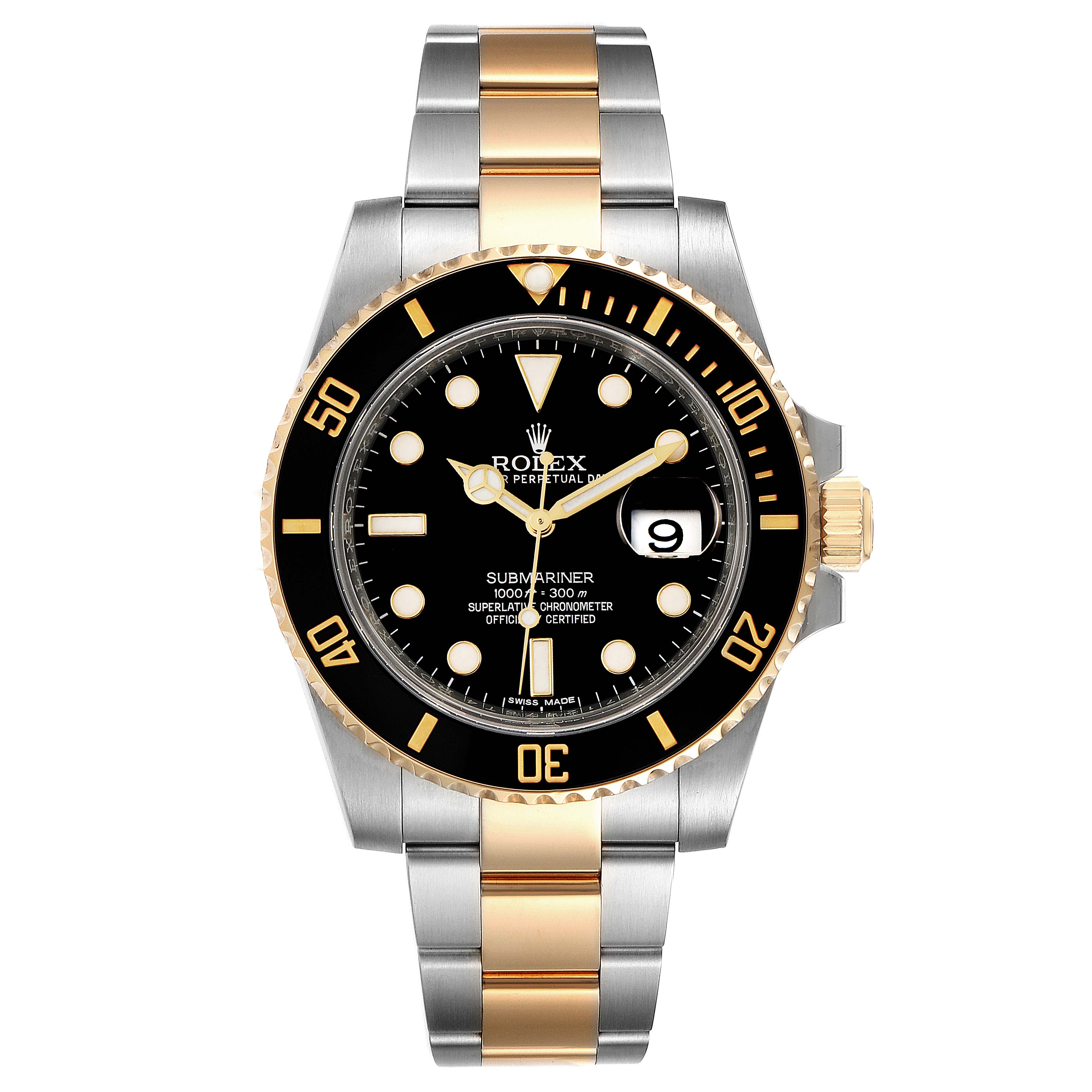 The image shows a front view of the Rolex Submariner 116613 Men
s Steel and Gold (two tone) Black Dial 116613 Men
s Steel and Gold (two tone) Black Dial watch, including the dial, bezel, crown, and bracelet.