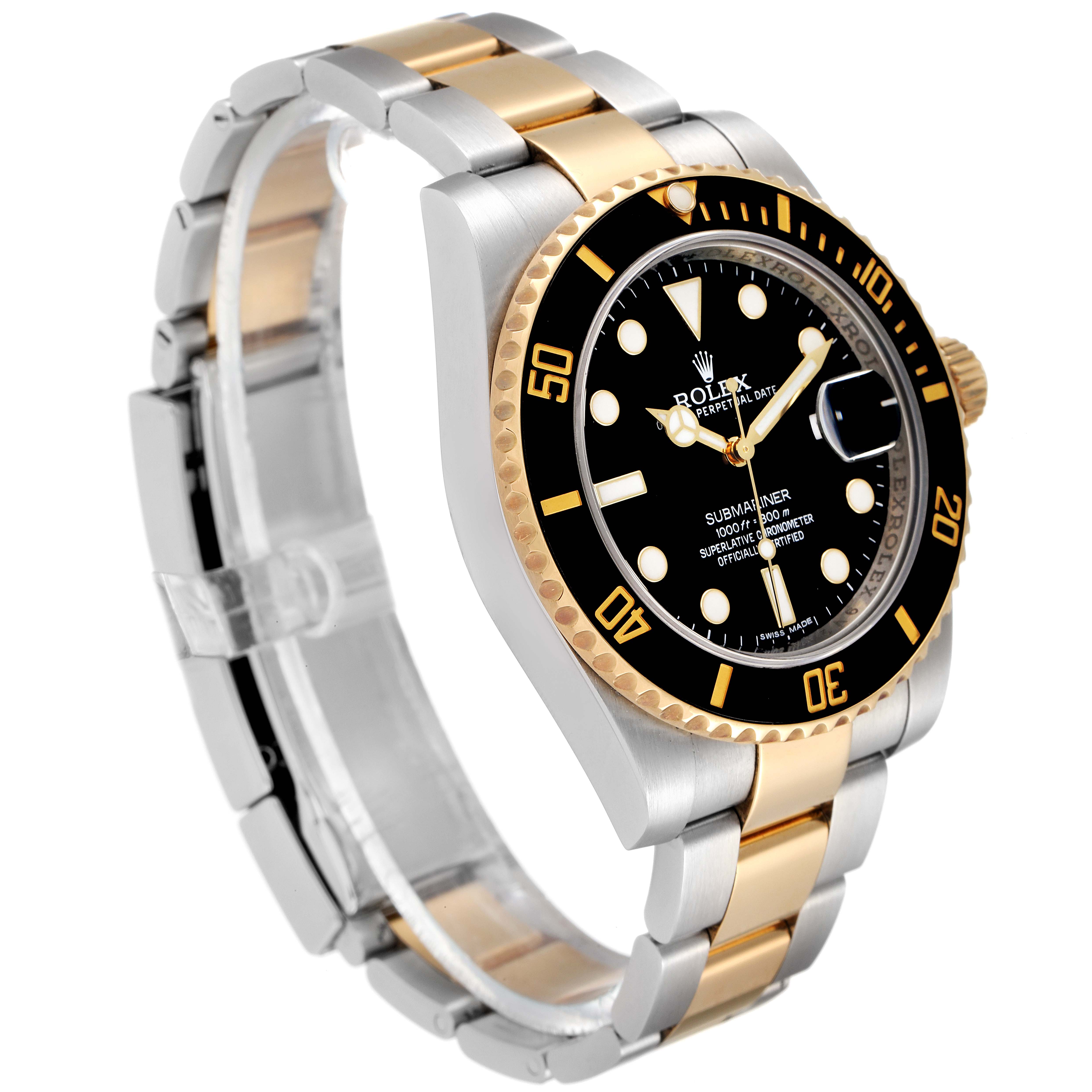 The image shows a two-tone Rolex Submariner 116613 Men
s Steel and Gold (two tone) Black Dial 116613 Men
s Steel and Gold (two tone) Black Dial watch at a three-quarter angle, highlighting the dial and bracelet.