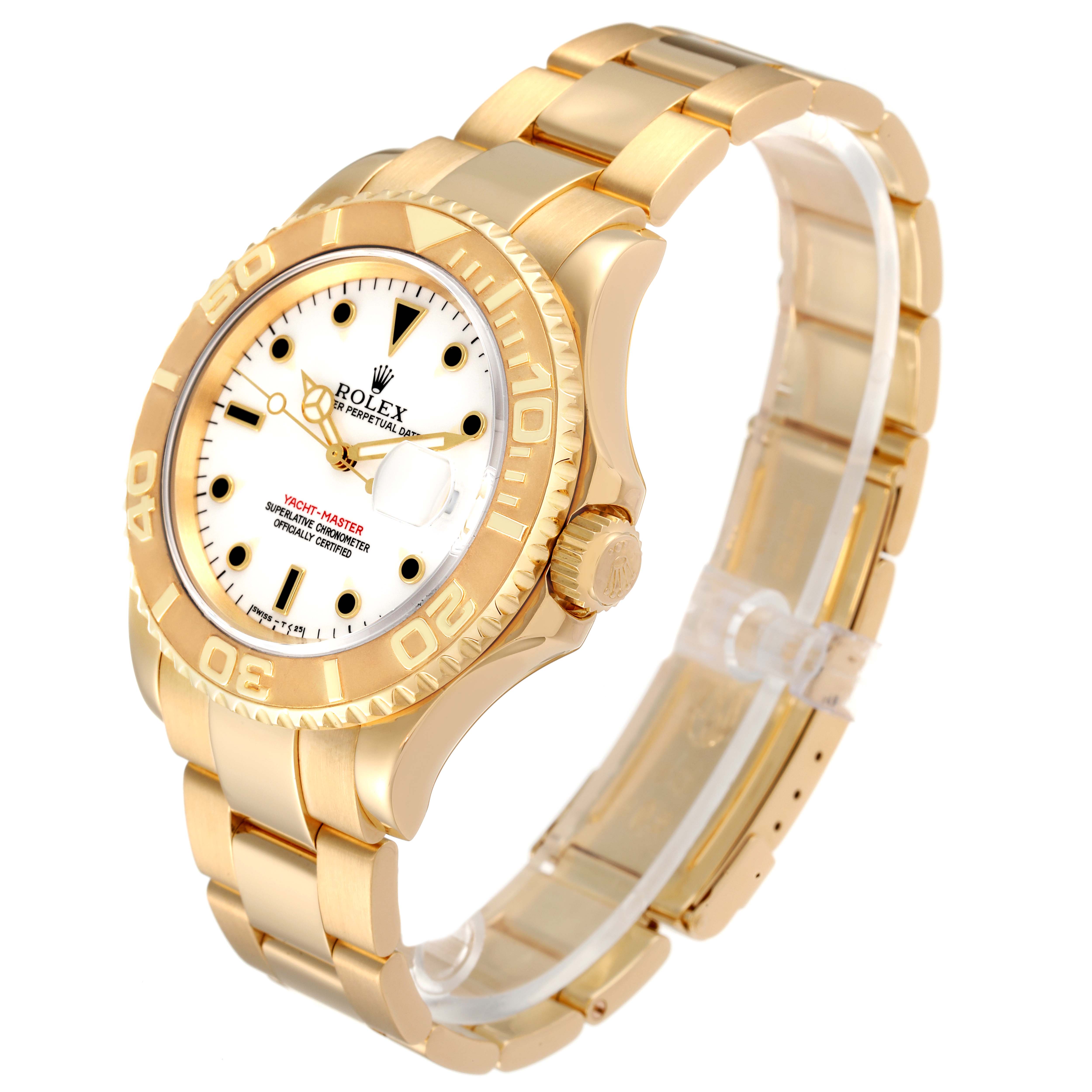 The Rolex Yacht-Master 16628 Men's Yellow Gold White Dial watch is shown at a three-quarter angle, displaying the face, bezel, and part of the metal bracelet.