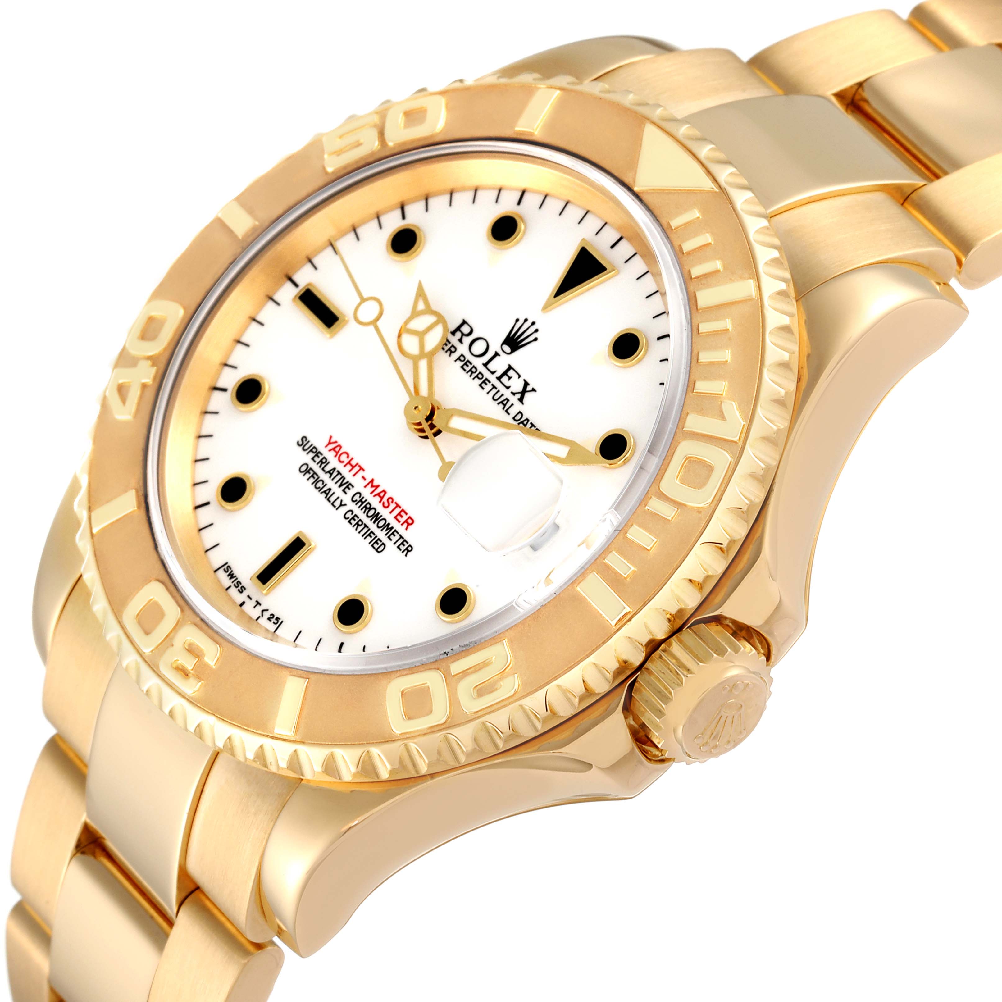 The image shows a Rolex Yacht-Master 16628 Men's Yellow Gold White Dial watch at an angled view, highlighting the bezel, crown, and bracelet.