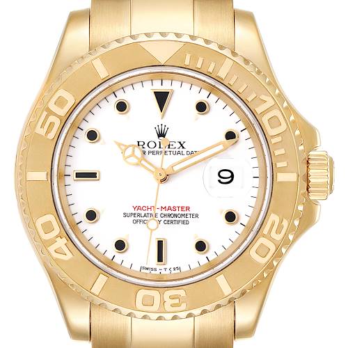 The Rolex Yacht-Master 16628 Men's Yellow Gold White Dial watch is shown from the front, highlighting the gold bezel, dial, hands, and crown.