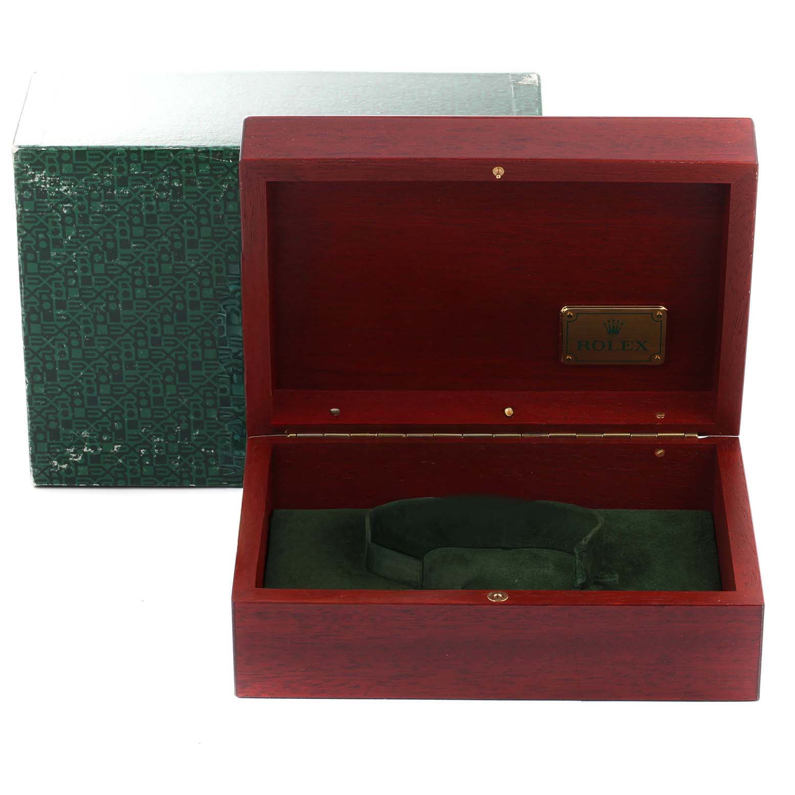 The image shows an open wooden box with a green interior for a Rolex Yacht-Master 16628 Men's Yellow Gold White Dial watch, viewed from the front.