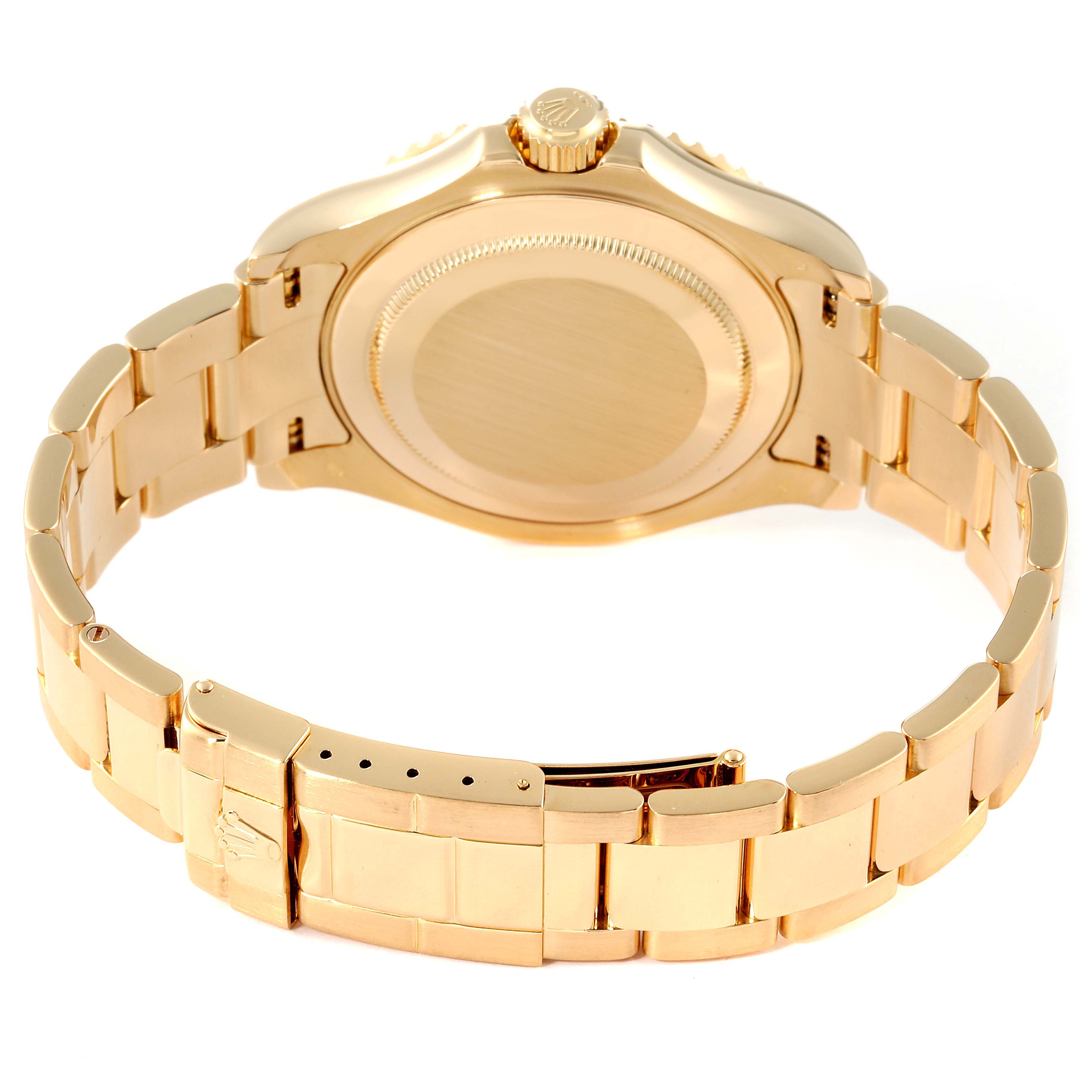 The image shows the back case and bracelet of a Rolex Yacht-Master 16628 Men's Yellow Gold White Dial watch, emphasizing the clasp and crown.