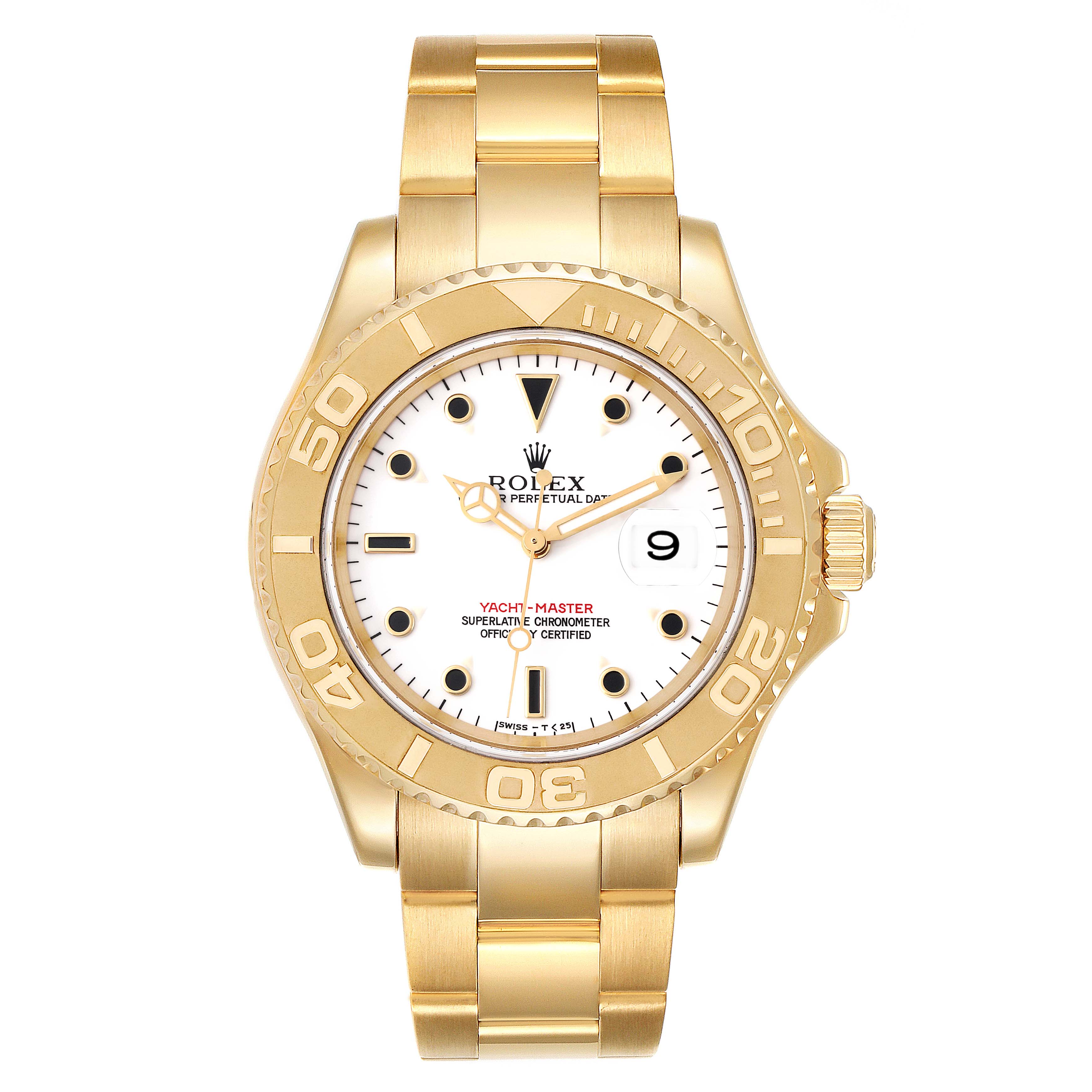 The Rolex Yacht-Master 16628 Men's Yellow Gold White Dial watch is shown from a front angle, highlighting its dial, bezel, crown, and bracelet.