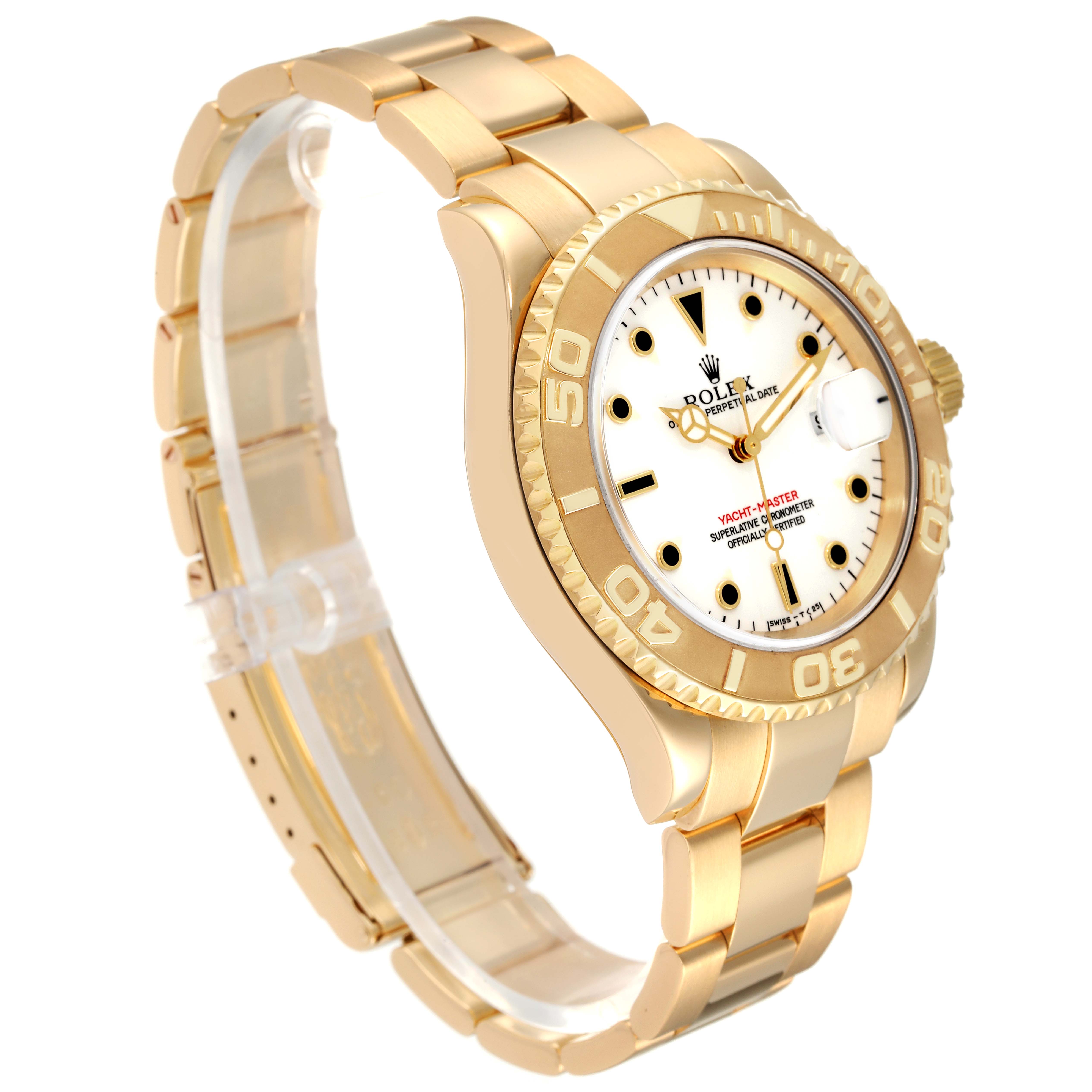 The Rolex Yacht-Master 16628 Men's Yellow Gold White Dial is shown at a side angle, highlighting the gold bracelet, bezel, and white dial.
