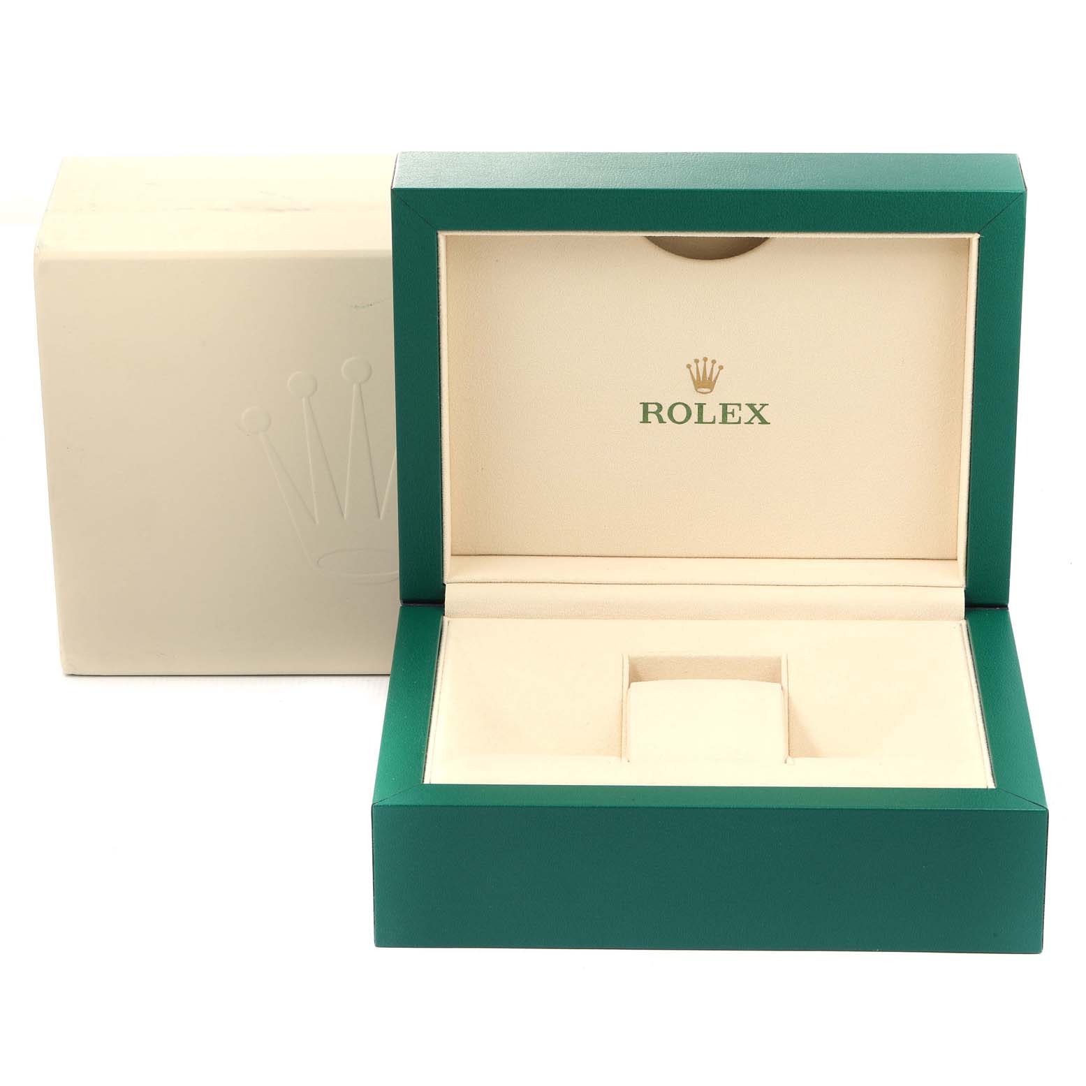 The image shows a green-and-cream watch box for a Rolex Yacht-Master 116681 Men
s Steel and Gold (two tone) White Dial 116681 Men
s Steel and Gold (two tone) White Dial, with the inner cushion and outer packaging displayed.