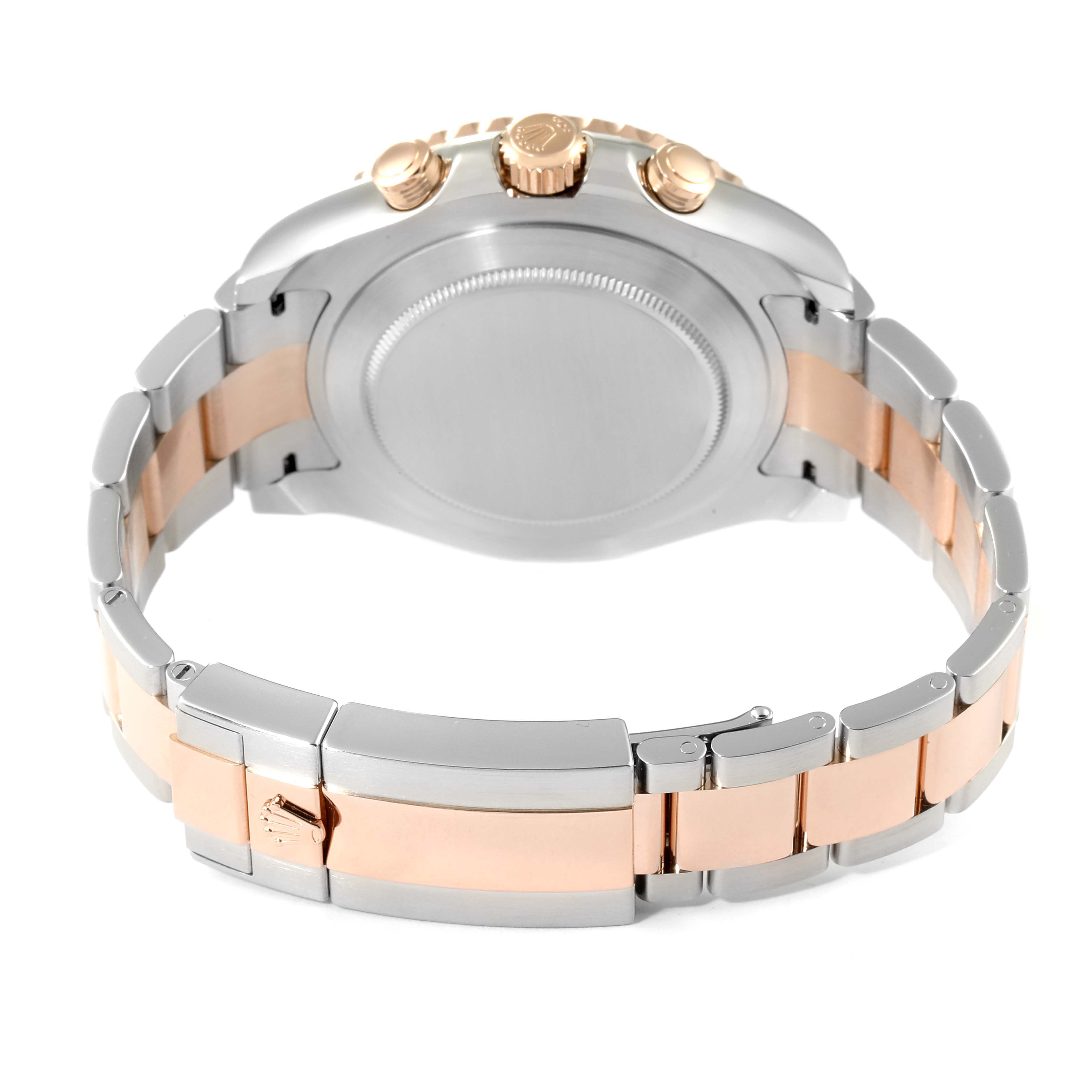 The image shows the back case and bracelet of a Rolex Yacht-Master 116681 Men
s Steel and Gold (two tone) White Dial 116681 Men
s Steel and Gold (two tone) White Dial watch, highlighting the crown and pushers.