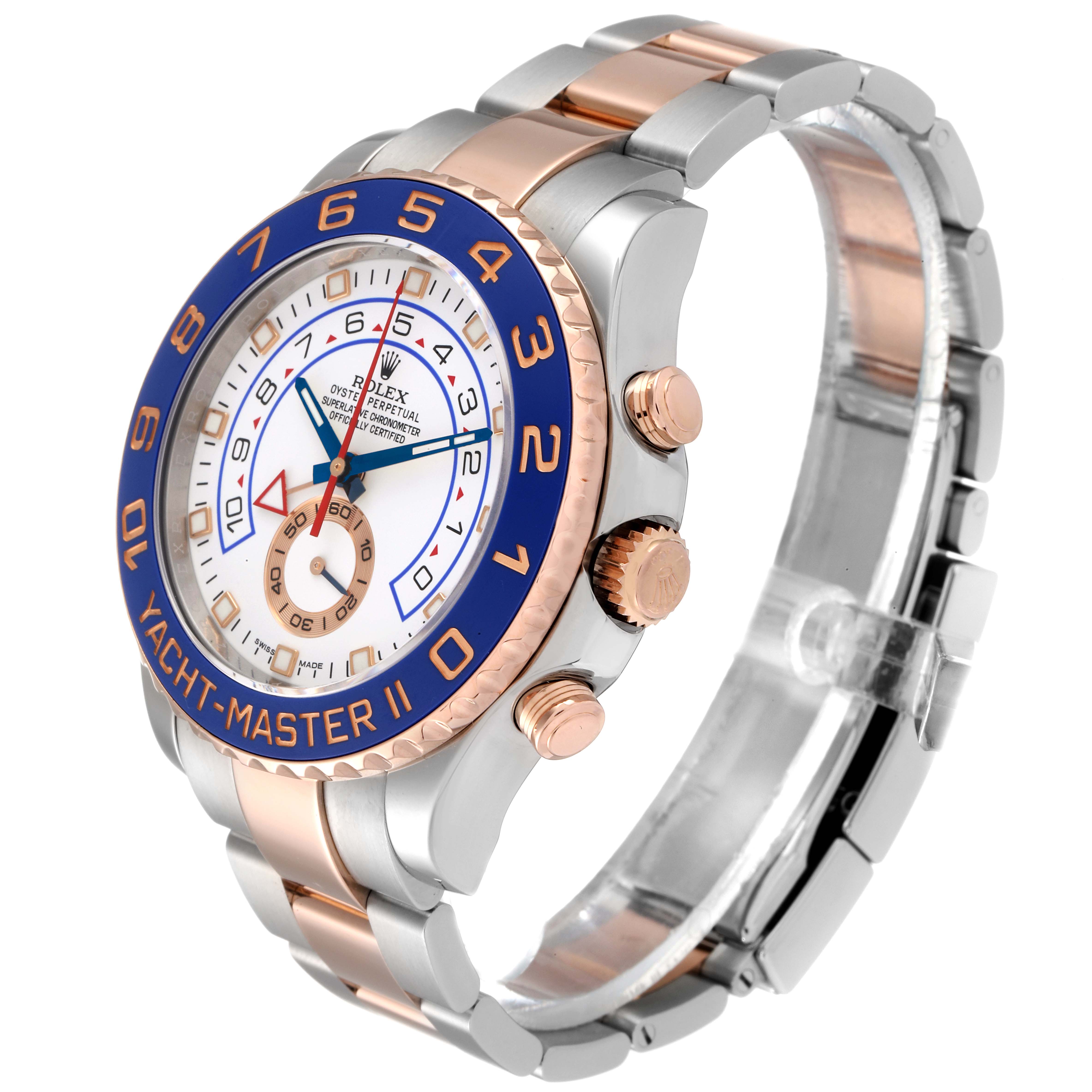 The Rolex Yacht-Master 116681 Men
s Steel and Gold (two tone) White Dial 116681 Men
s Steel and Gold (two tone) White Dial watch is shown from an angled side view, displaying the face, bezel, crown, and part of the bracelet.