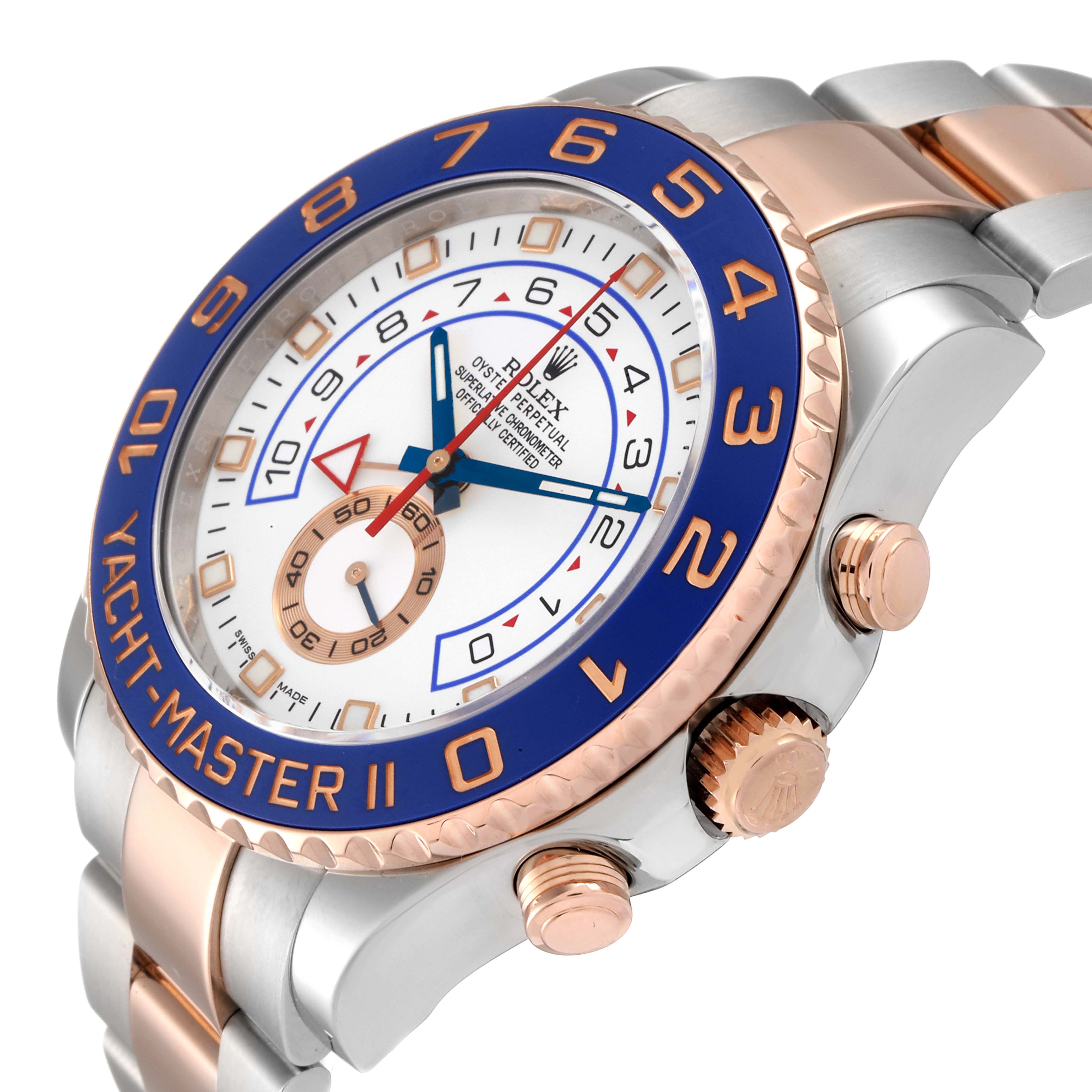 The Rolex Yacht-Master 116681 Men
s Steel and Gold (two tone) White Dial 116681 Men
s Steel and Gold (two tone) White Dial model is shown from an angle displaying the bezel, crown, and part of the bracelet.