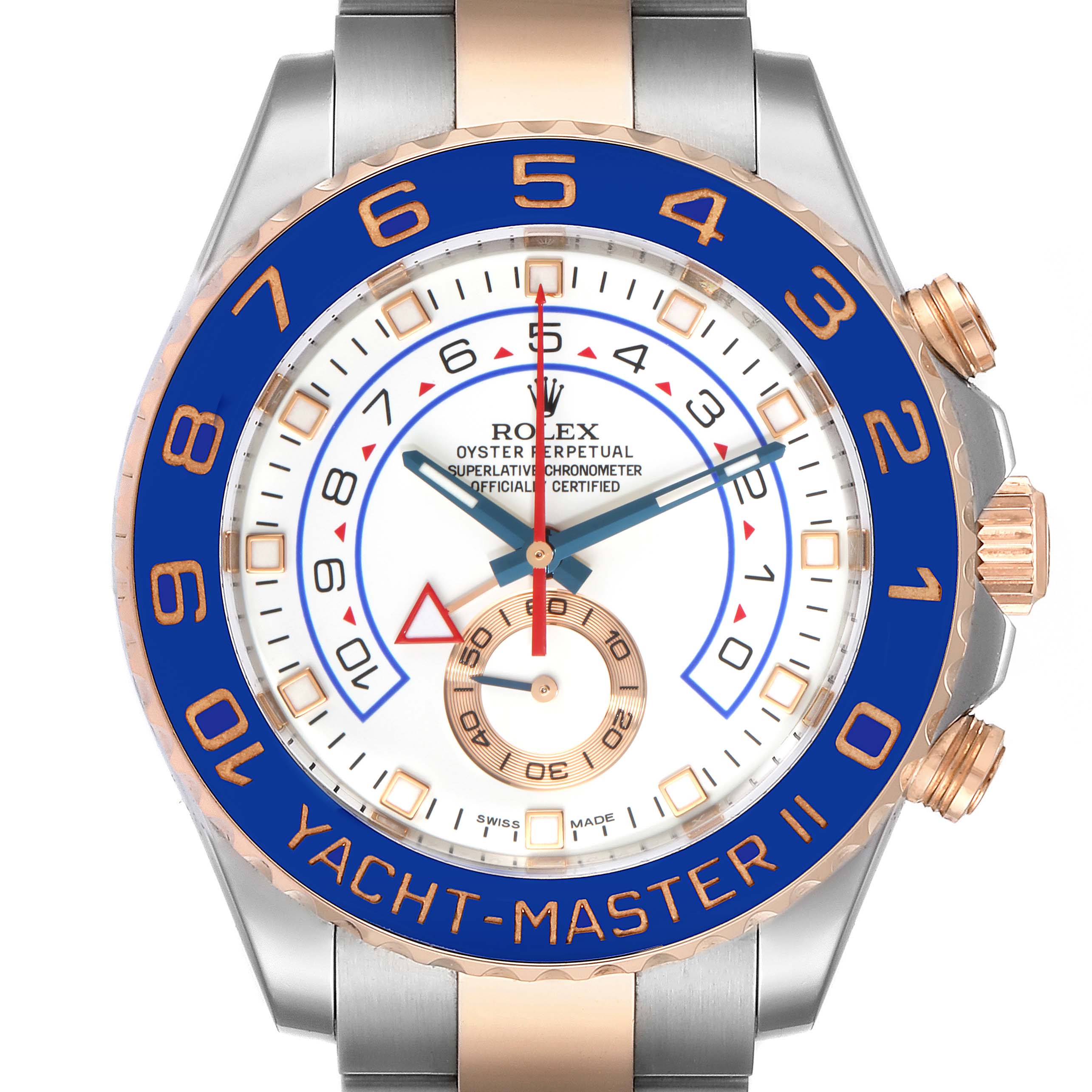This image shows a front close-up of the Rolex Yacht-Master 116681 Men
s Steel and Gold (two tone) White Dial 116681 Men
s Steel and Gold (two tone) White Dial II, highlighting the dial, bezel, and part of the strap.