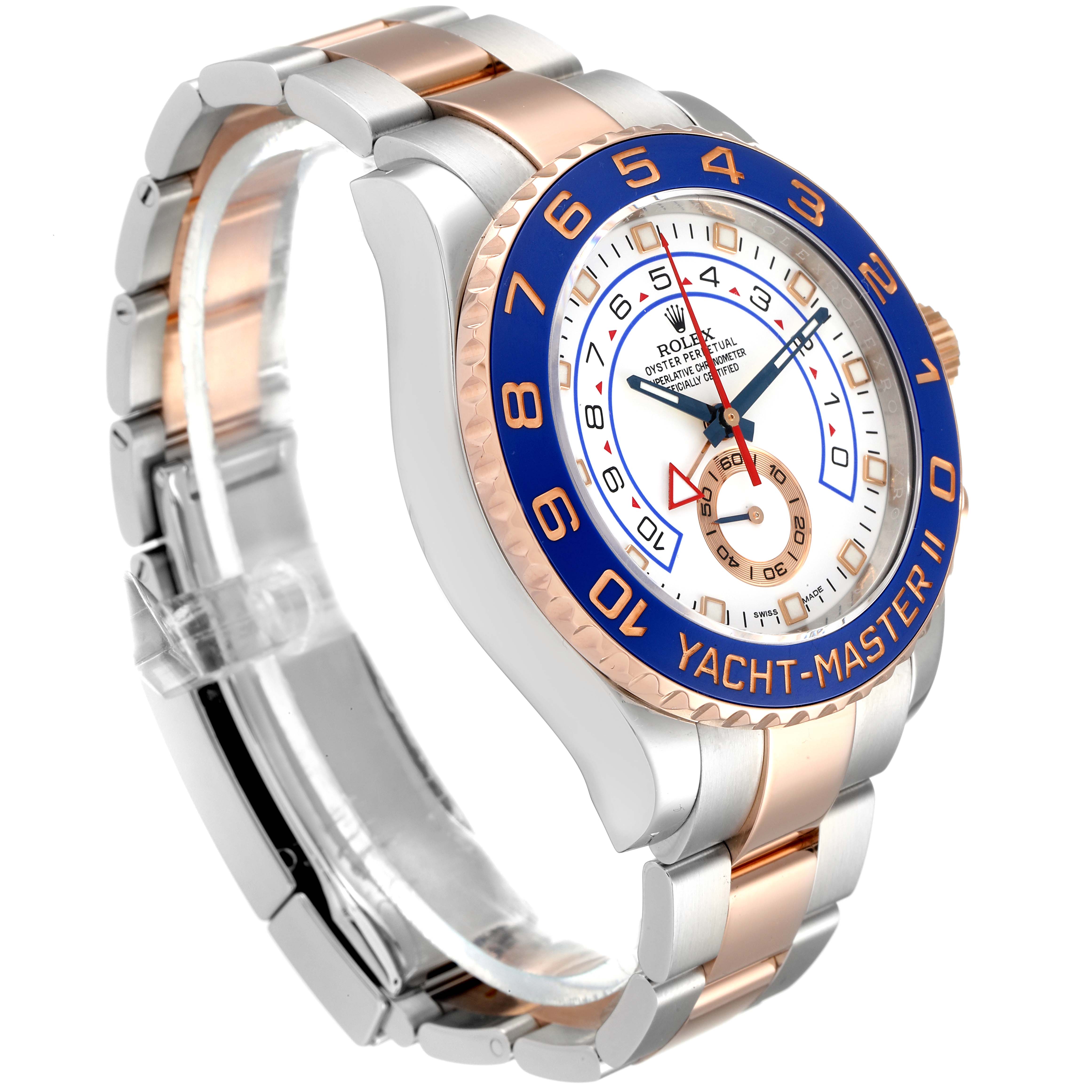 The Rolex Yacht-Master 116681 Men
s Steel and Gold (two tone) White Dial 116681 Men
s Steel and Gold (two tone) White Dial watch is shown from a three-quarter angle, highlighting its face, bezel, and part of the bracelet.