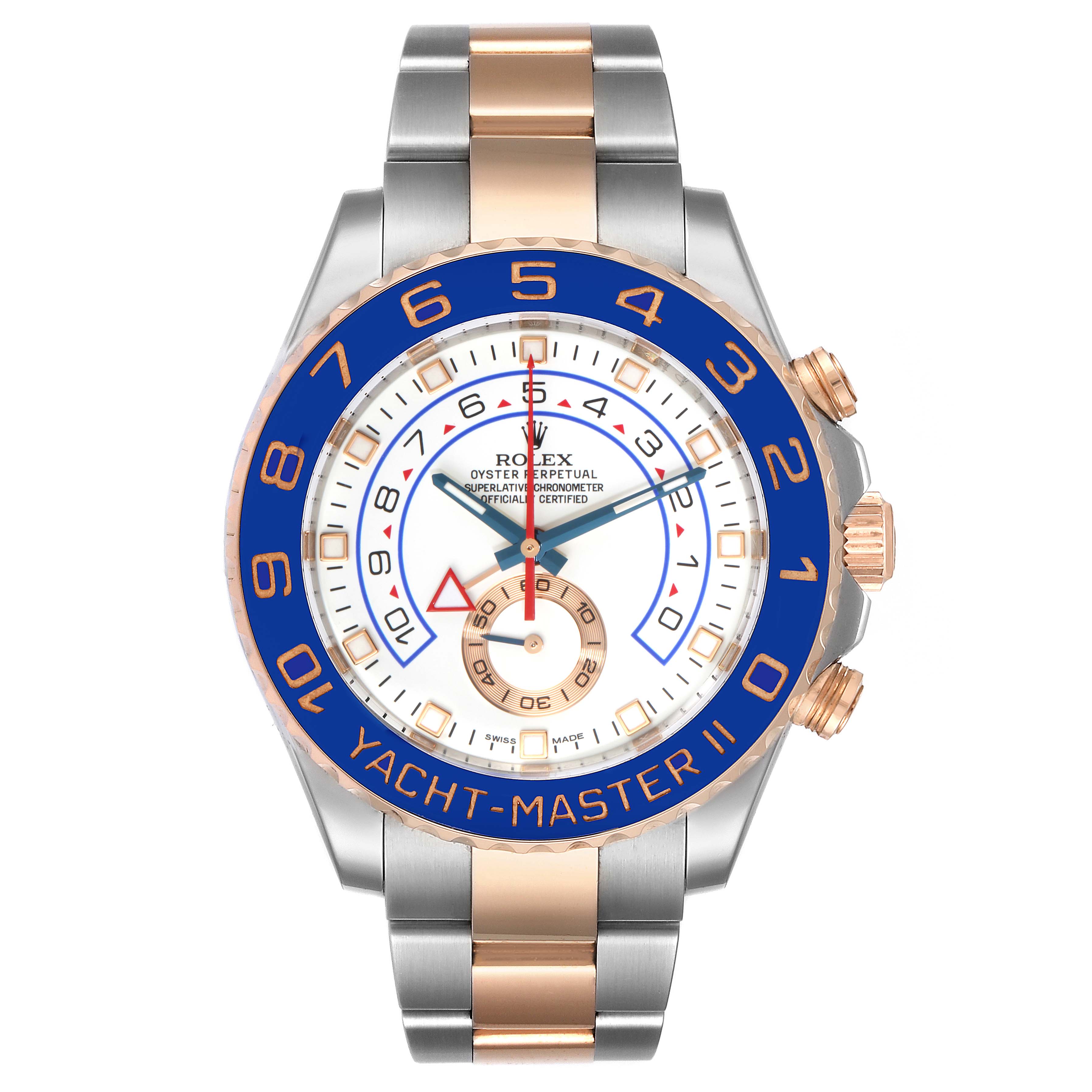 The image shows a front view of a Rolex Yacht-Master 116681 Men
s Steel and Gold (two tone) White Dial 116681 Men
s Steel and Gold (two tone) White Dial II watch, highlighting its blue bezel and stainless steel and gold bracelet.