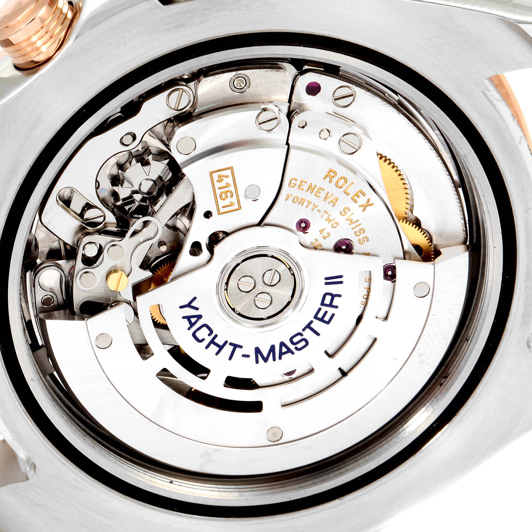 This close-up image shows the internal movement mechanism of a Rolex Yacht-Master 116681 Men
s Steel and Gold (two tone) White Dial 116681 Men
s Steel and Gold (two tone) White Dial II watch.