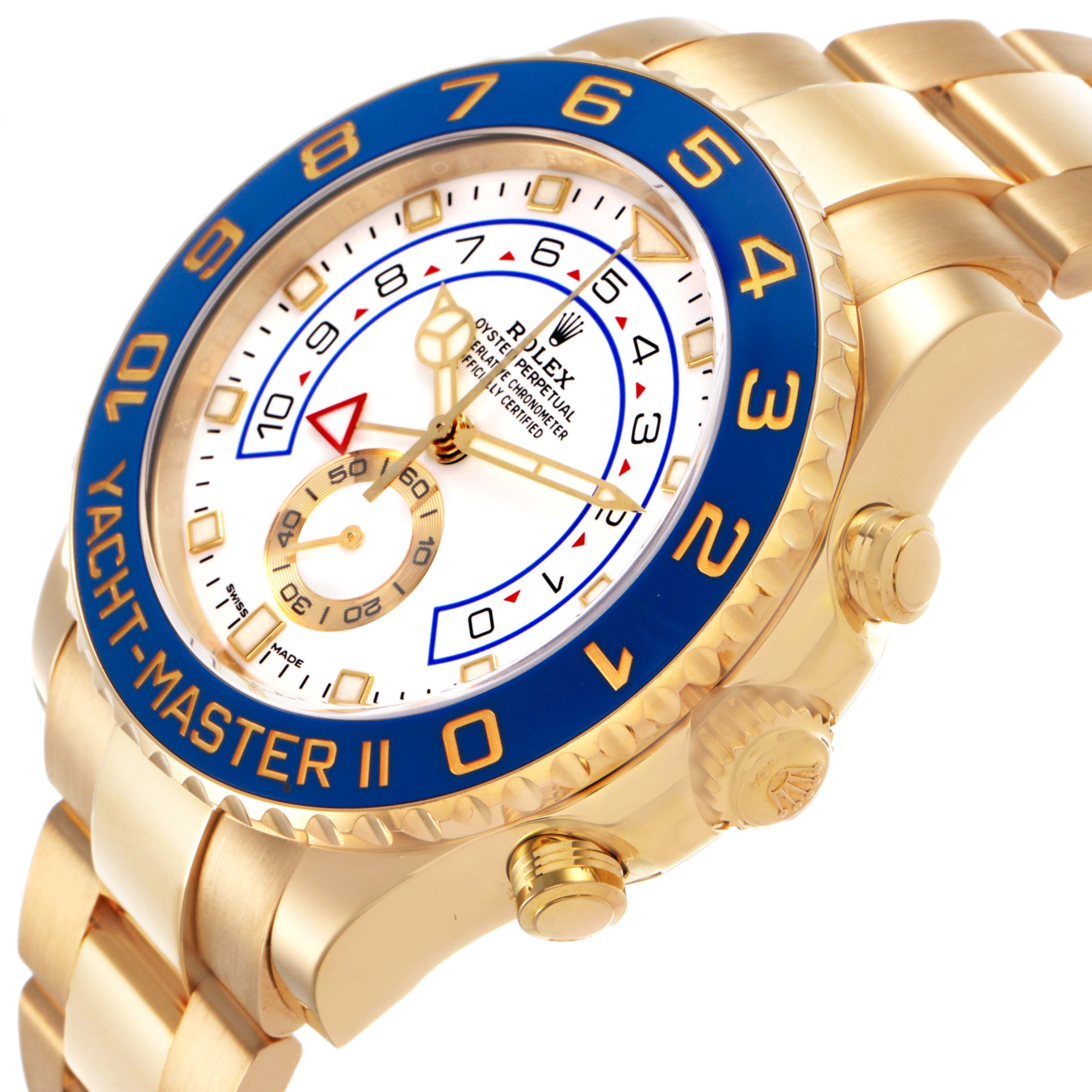 The Rolex Yacht-Master 116688 Men's Yellow Gold White Dial II watch is shown at an angled view, highlighting the bezel, crown, and bracelet.